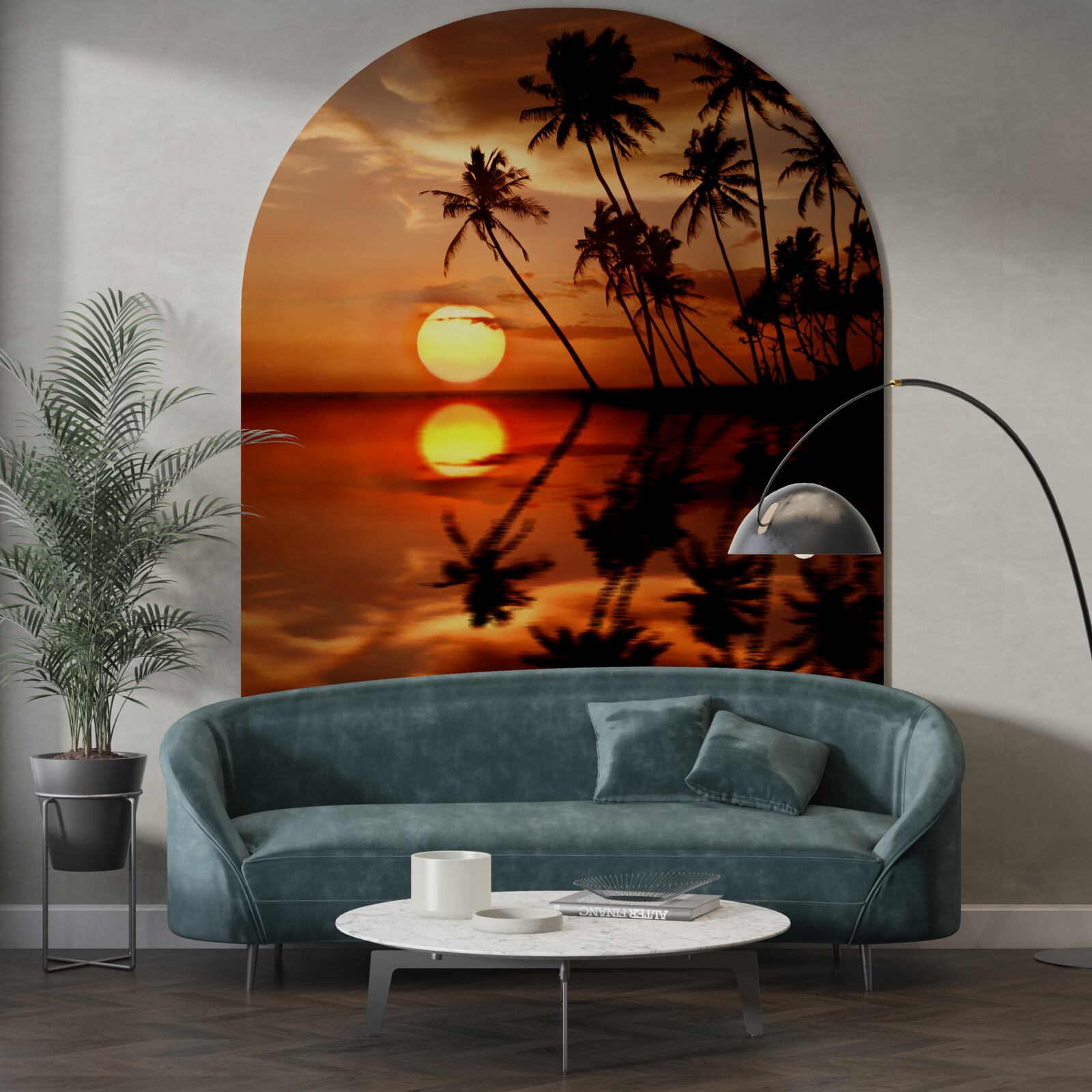 Fototapet apus de soare pe un fundal de palmieri