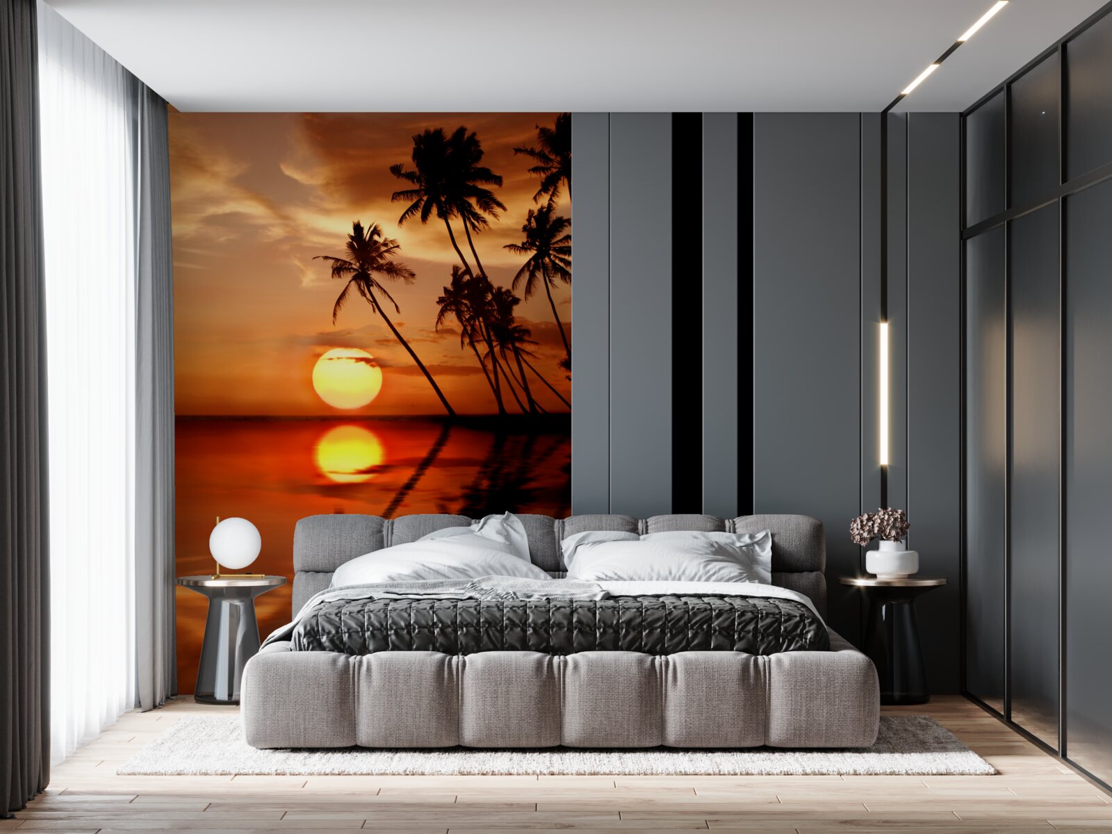 Fototapet apus de soare pe un fundal de palmieri