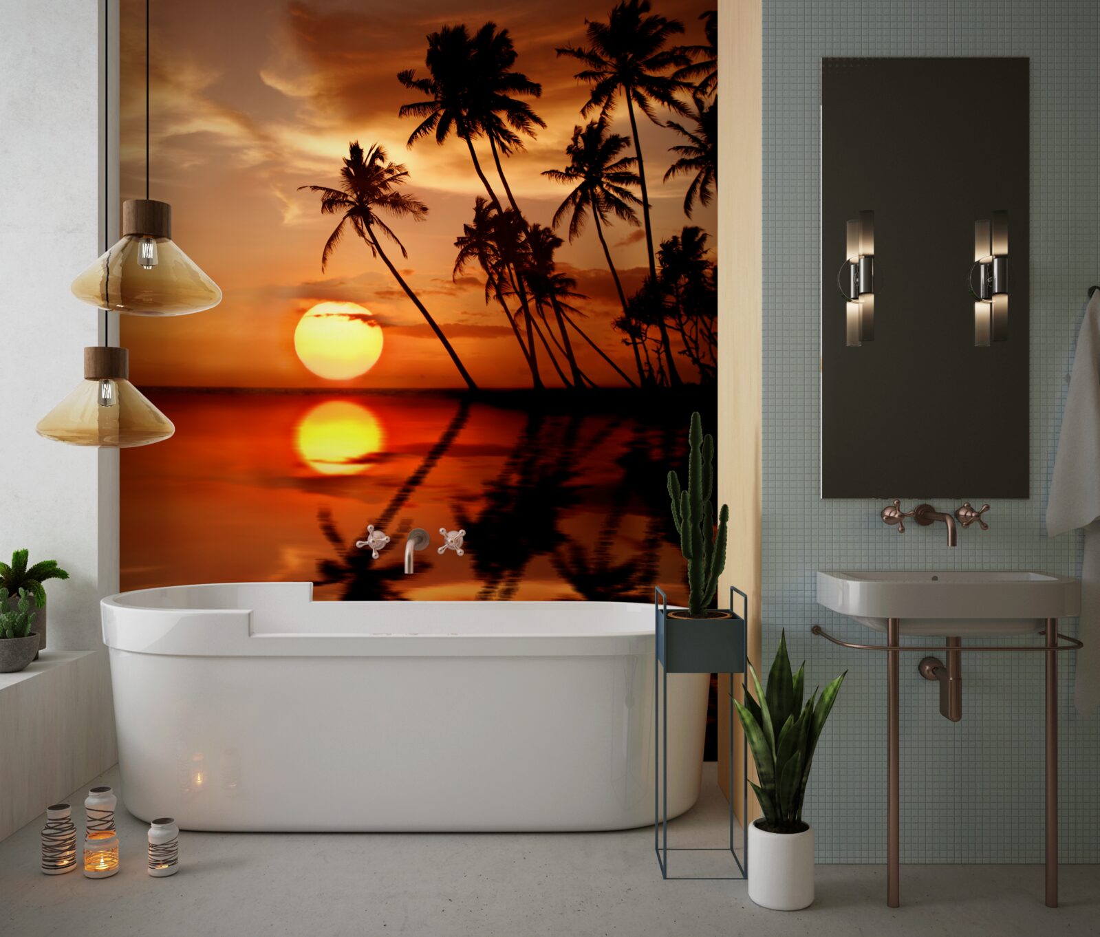 Fototapet apus de soare pe un fundal de palmieri