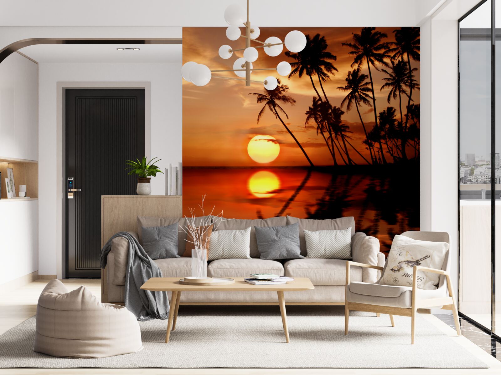 Fototapet apus de soare pe un fundal de palmieri