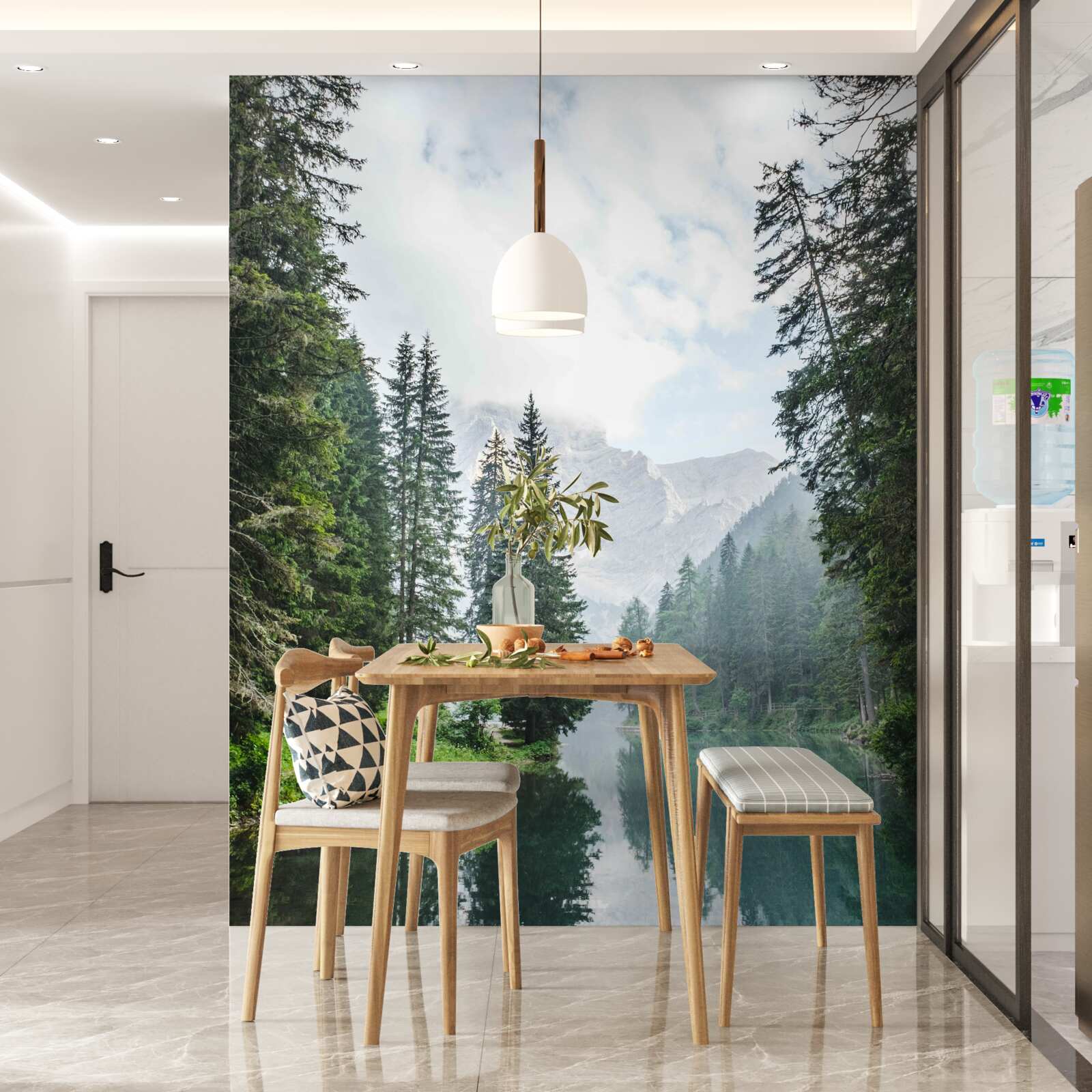 Fototapet râul de munte învăluit în ceață curge liniștit