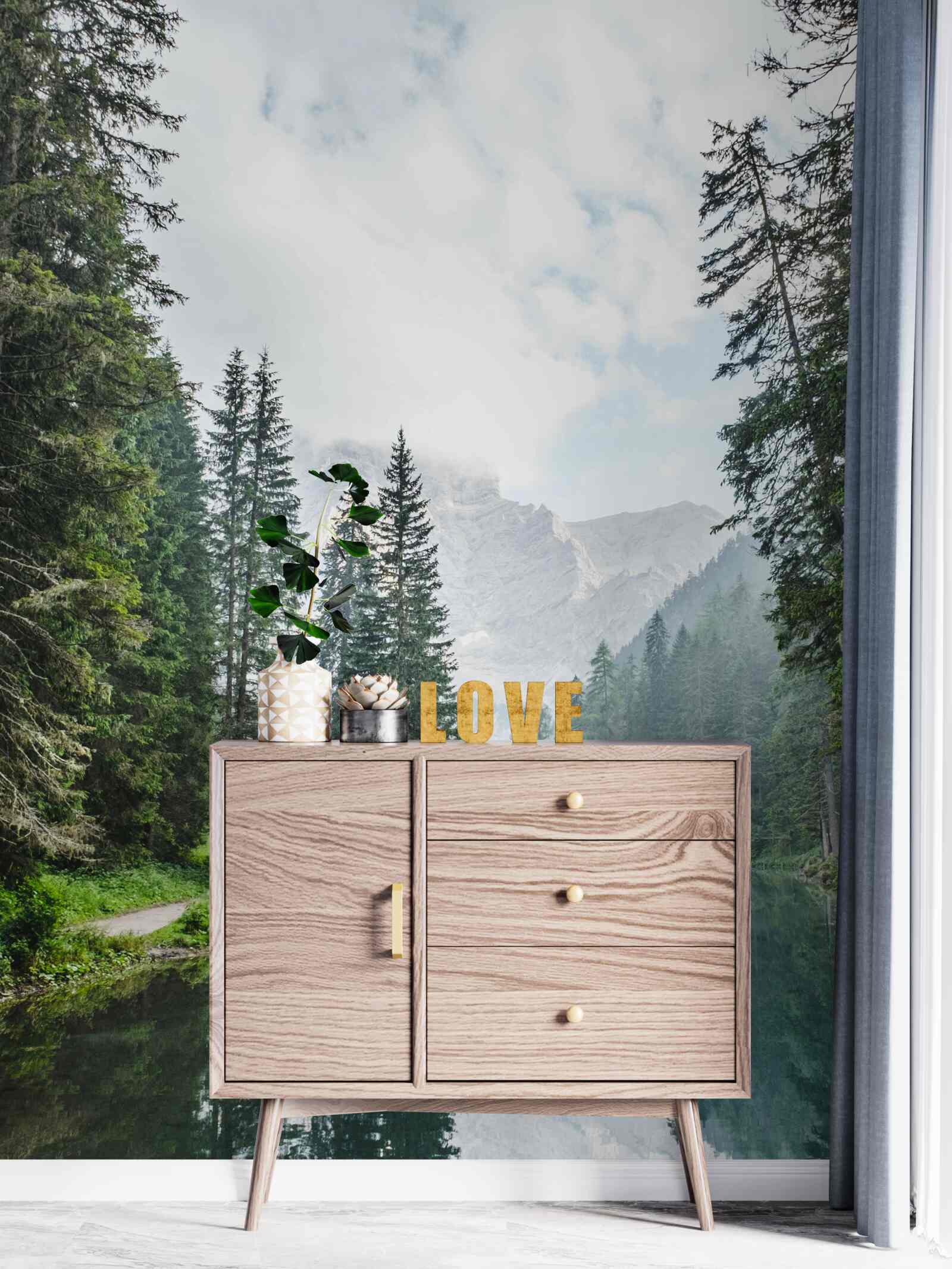 Fototapet râul de munte învăluit în ceață curge liniștit