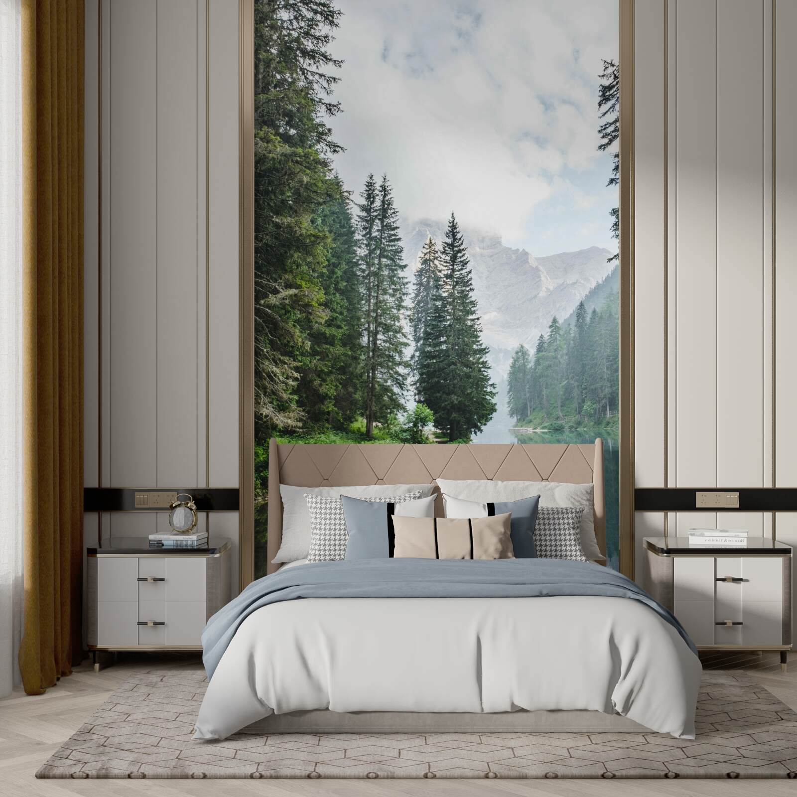 Fototapet râul de munte învăluit în ceață curge liniștit