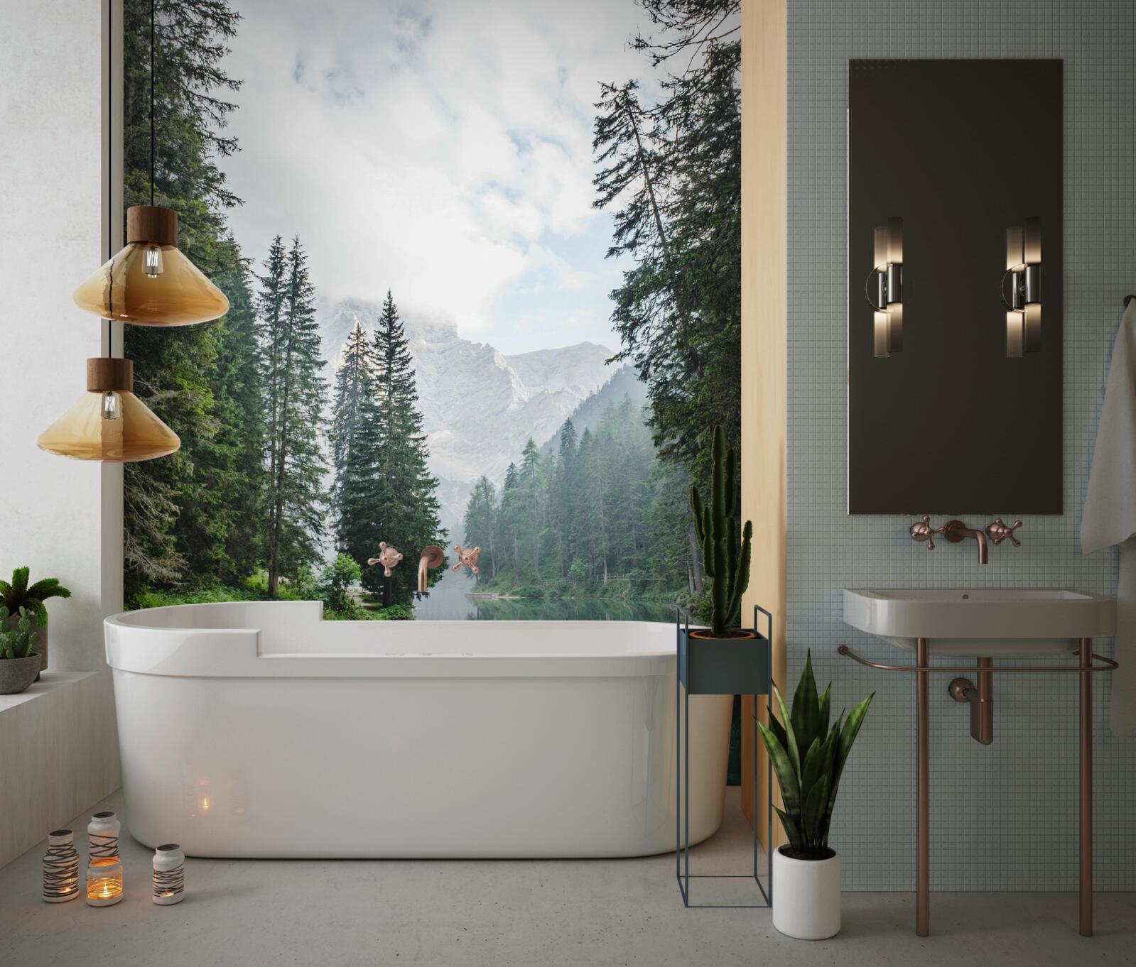 Fototapet râul de munte învăluit în ceață curge liniștit