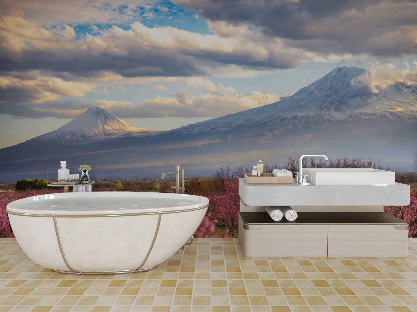 Fototapet La poalele munților, cireșii înfloresc cu mândrie