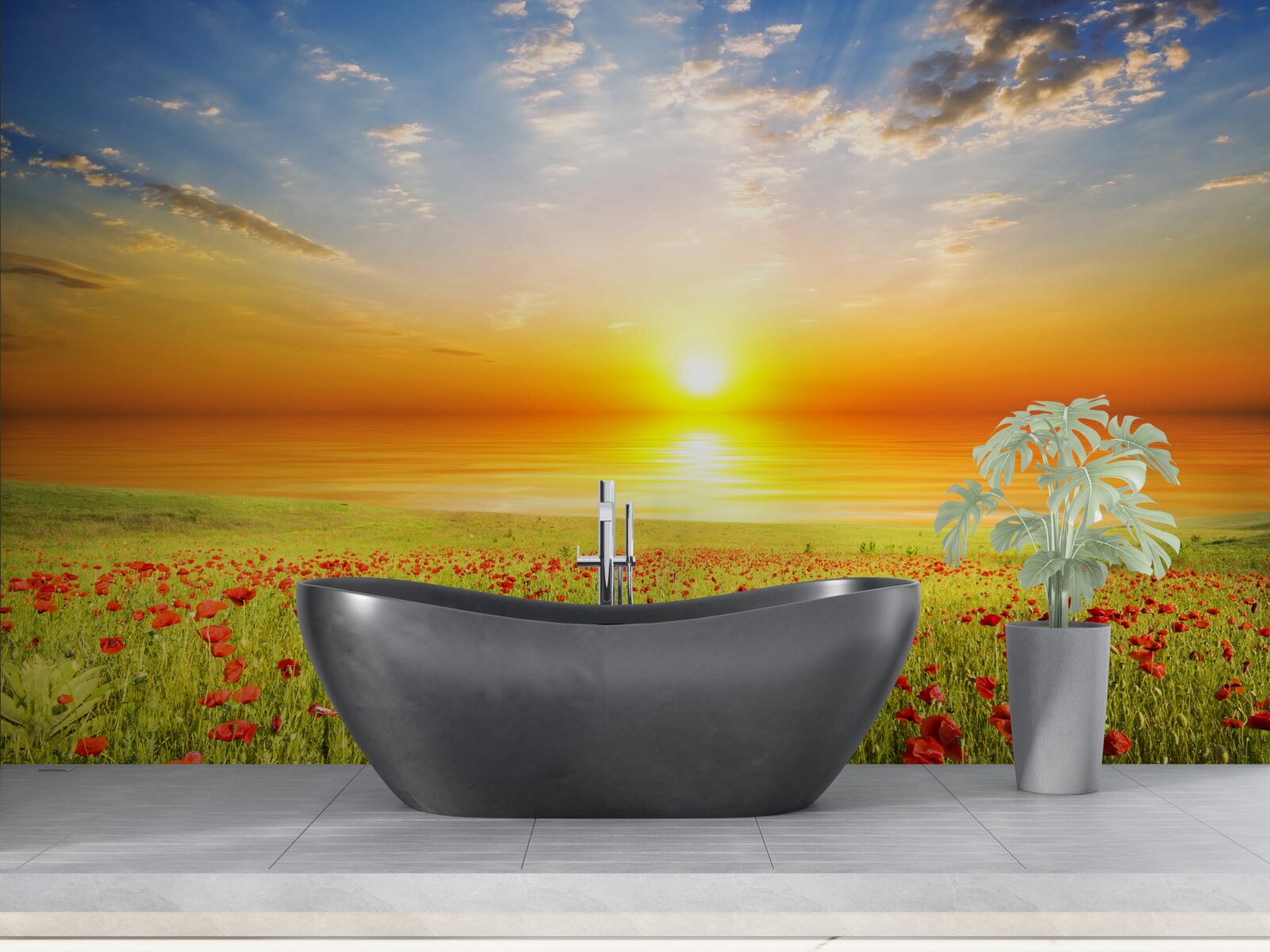 Fototapet apusul acestei veri pe o pajiște presărată cu maci este plin de culoare