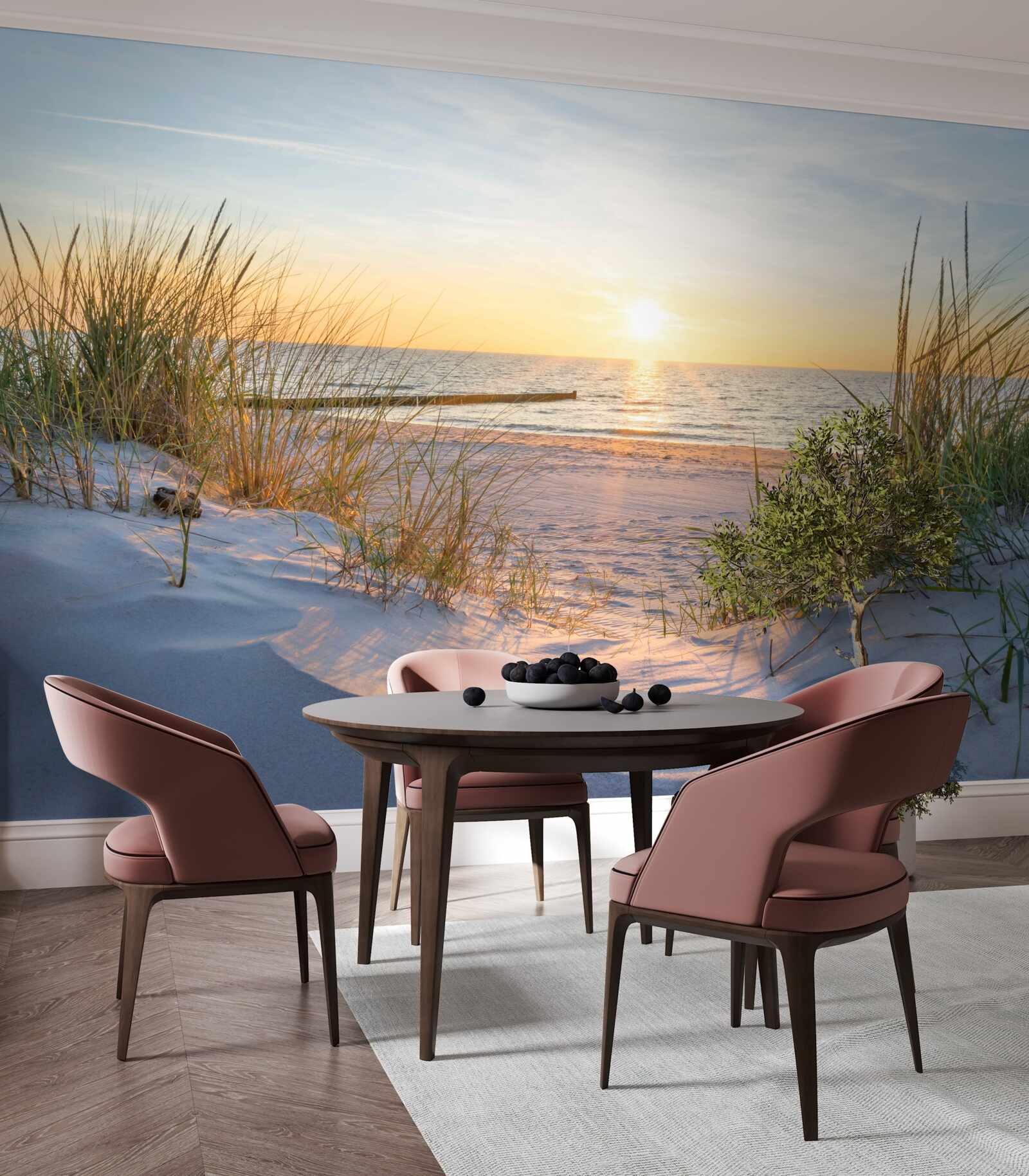 Fototapet plaja nisipoasă este decorată cu iarbă verde