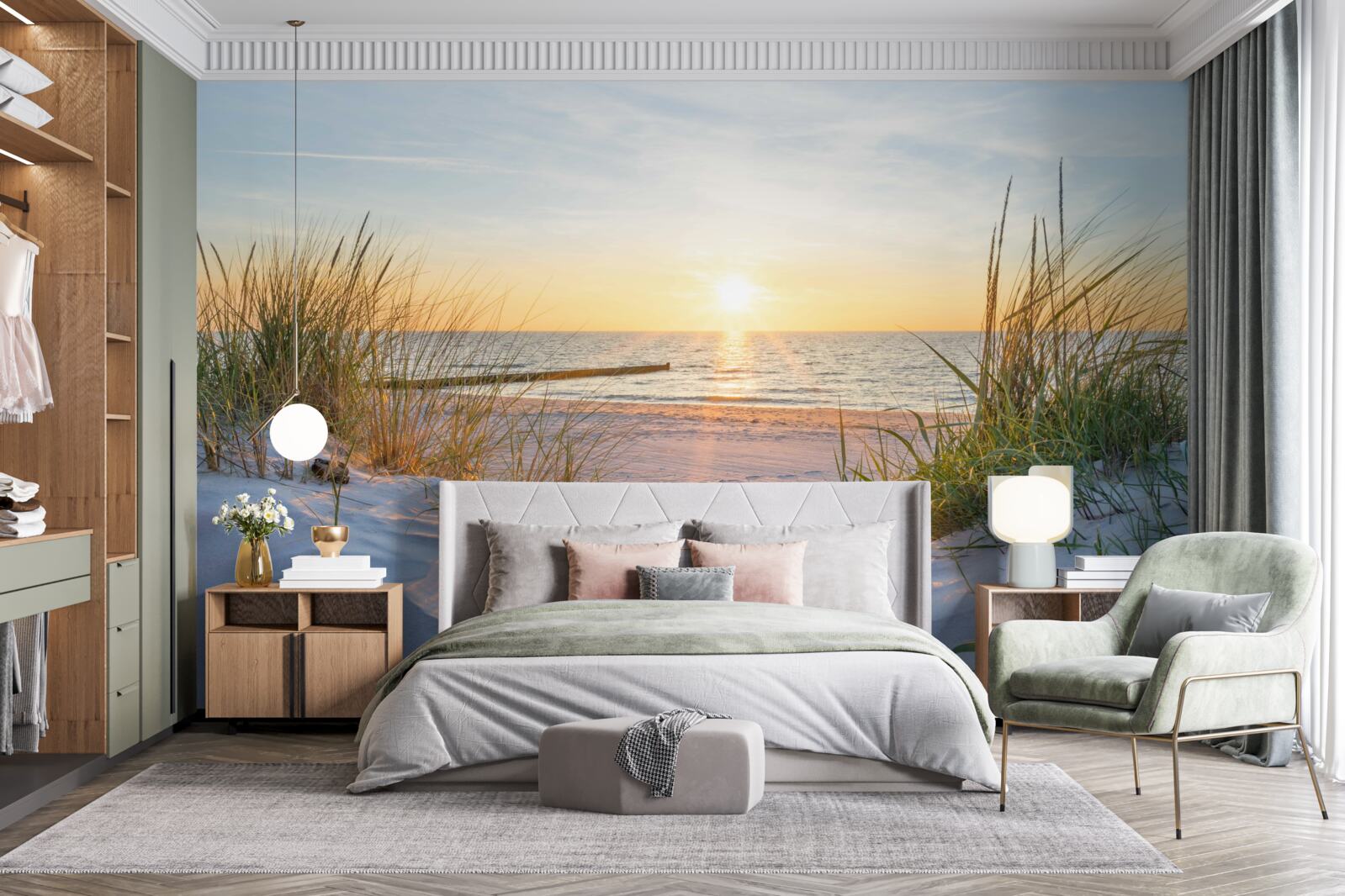 Fototapet plaja nisipoasă este decorată cu iarbă verde