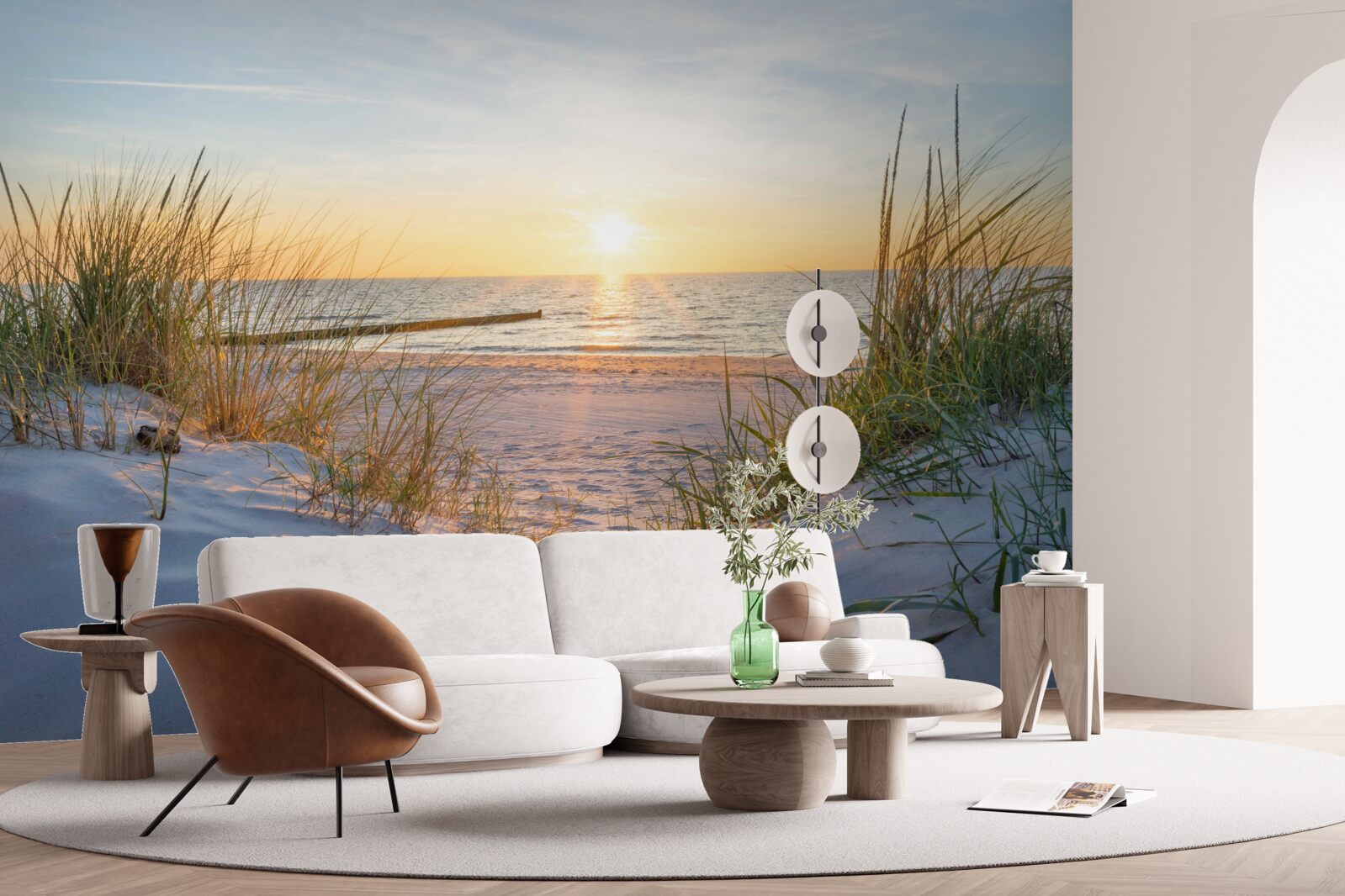 Fototapet plaja nisipoasă este decorată cu iarbă verde