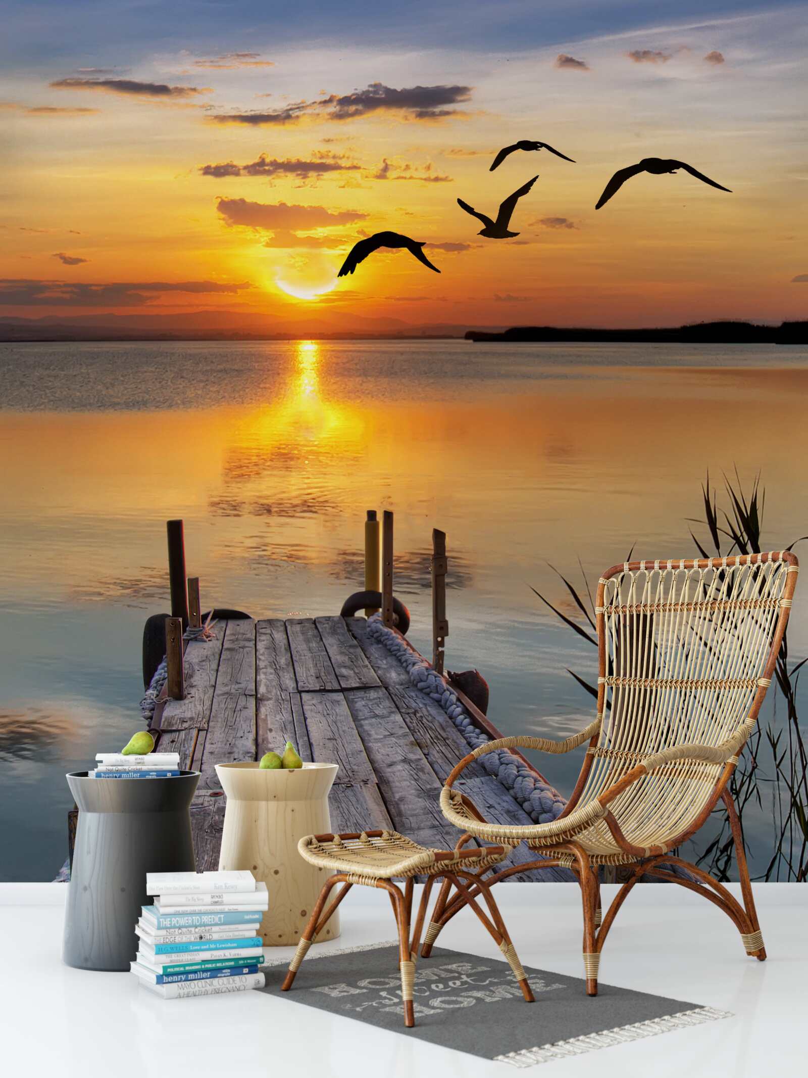 Fototapet un apus de soare cald pe un pod unde se învârt pescărușii