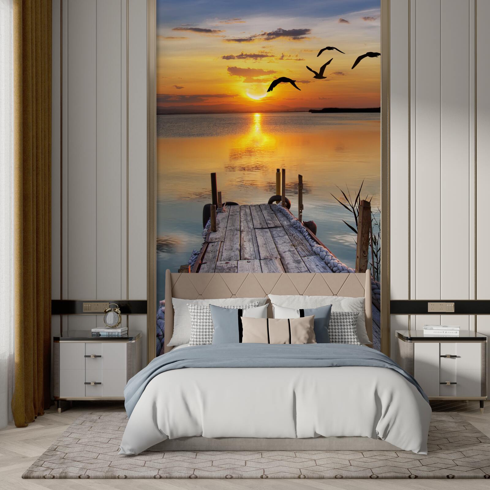 Fototapet un apus de soare cald pe un pod unde se învârt pescărușii