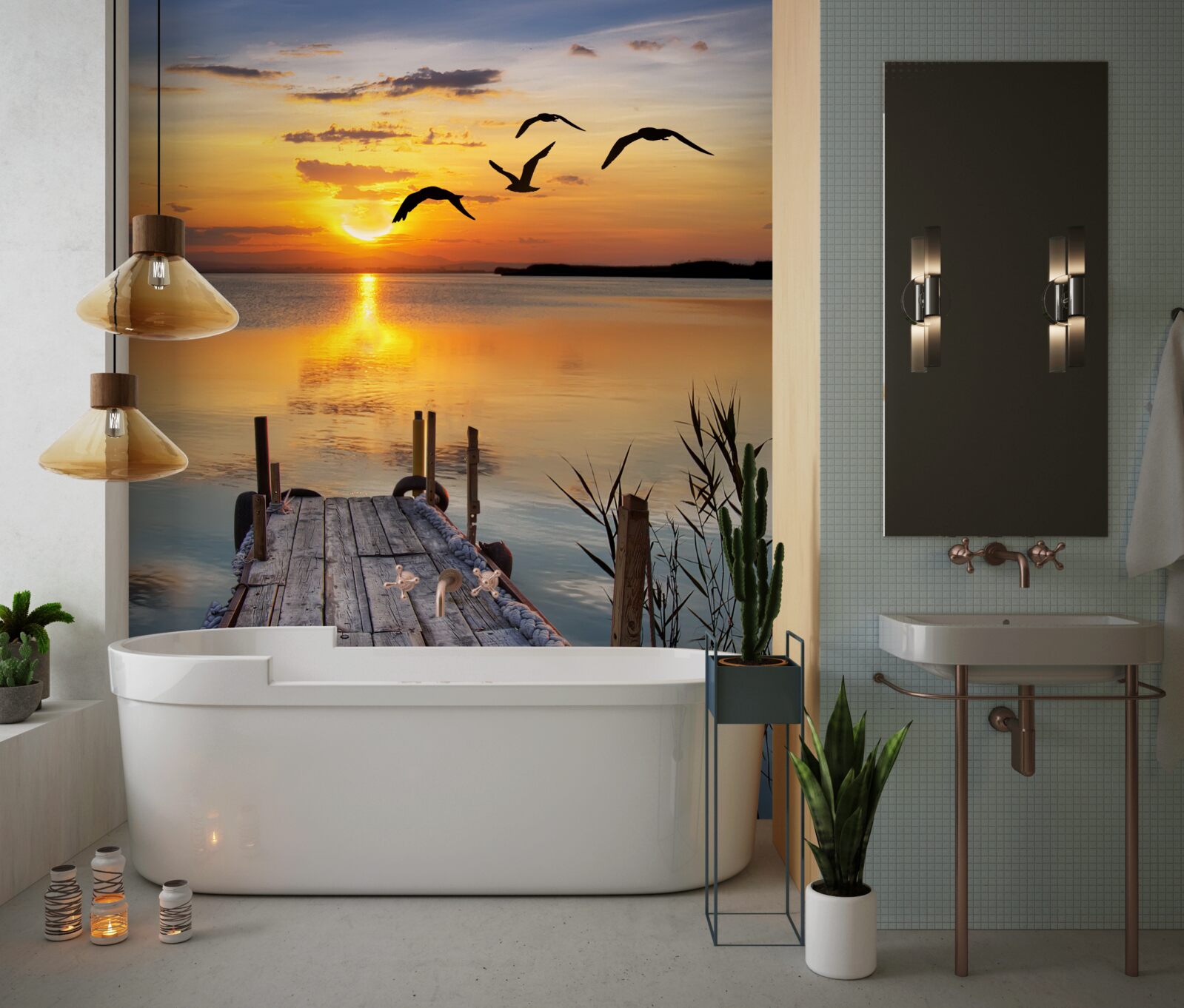 Fototapet un apus de soare cald pe un pod unde se învârt pescărușii