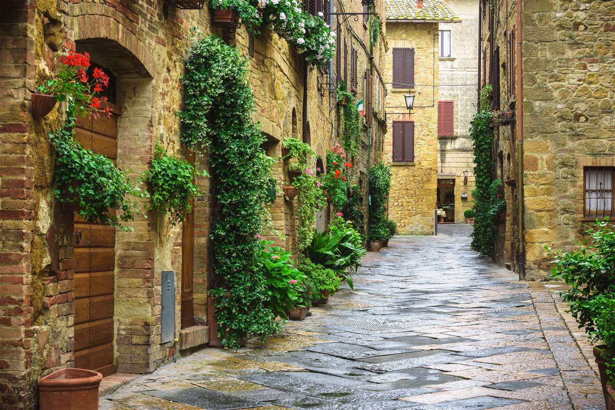 Fototapet stradă istorică înconjurată de verdeață