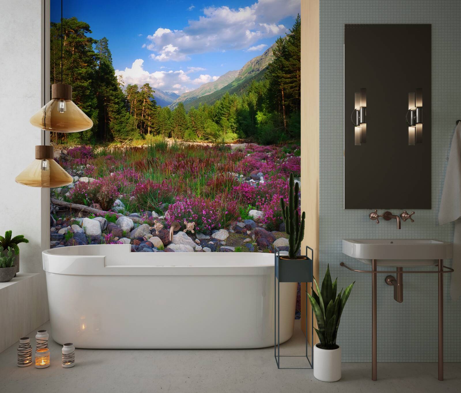 Fototapet blocuri multicolore și pin verde