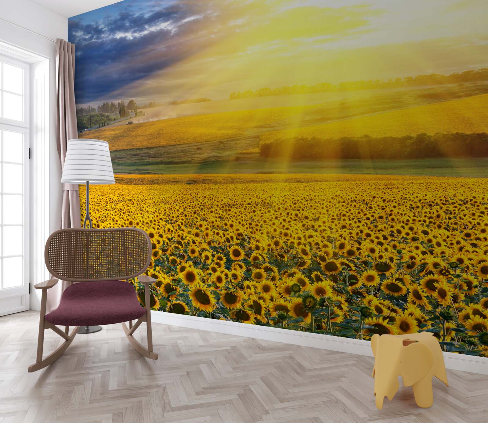 Fototapet soarele este plin de strălucire peste un câmp de floarea-soarelui luxuriantă