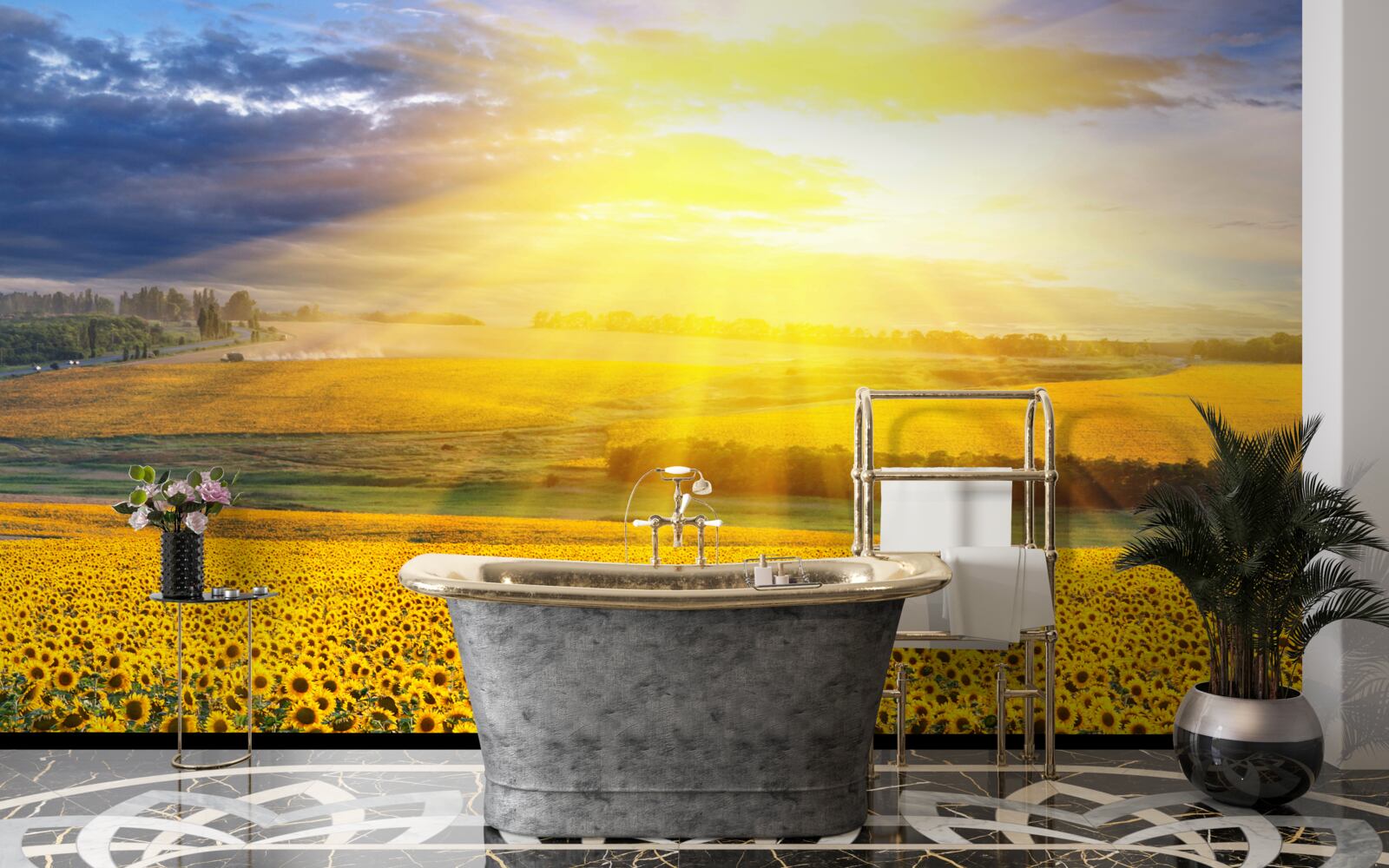 Fototapet soarele este plin de strălucire peste un câmp de floarea-soarelui luxuriantă