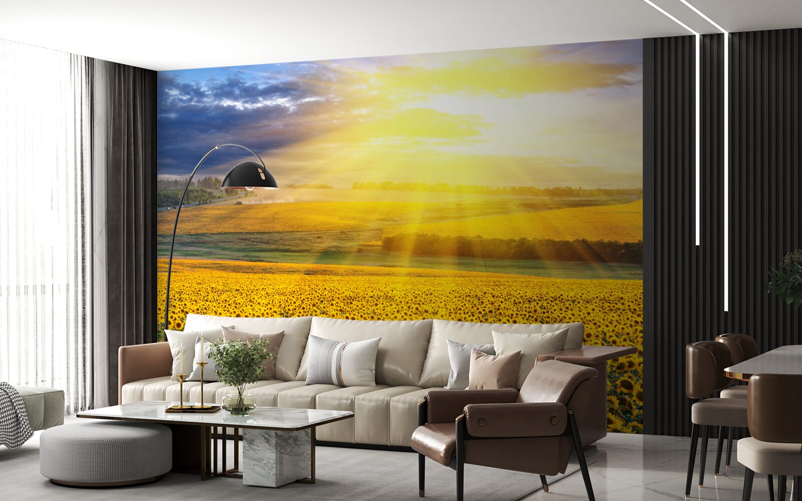 Fototapet soarele este plin de strălucire peste un câmp de floarea-soarelui luxuriantă