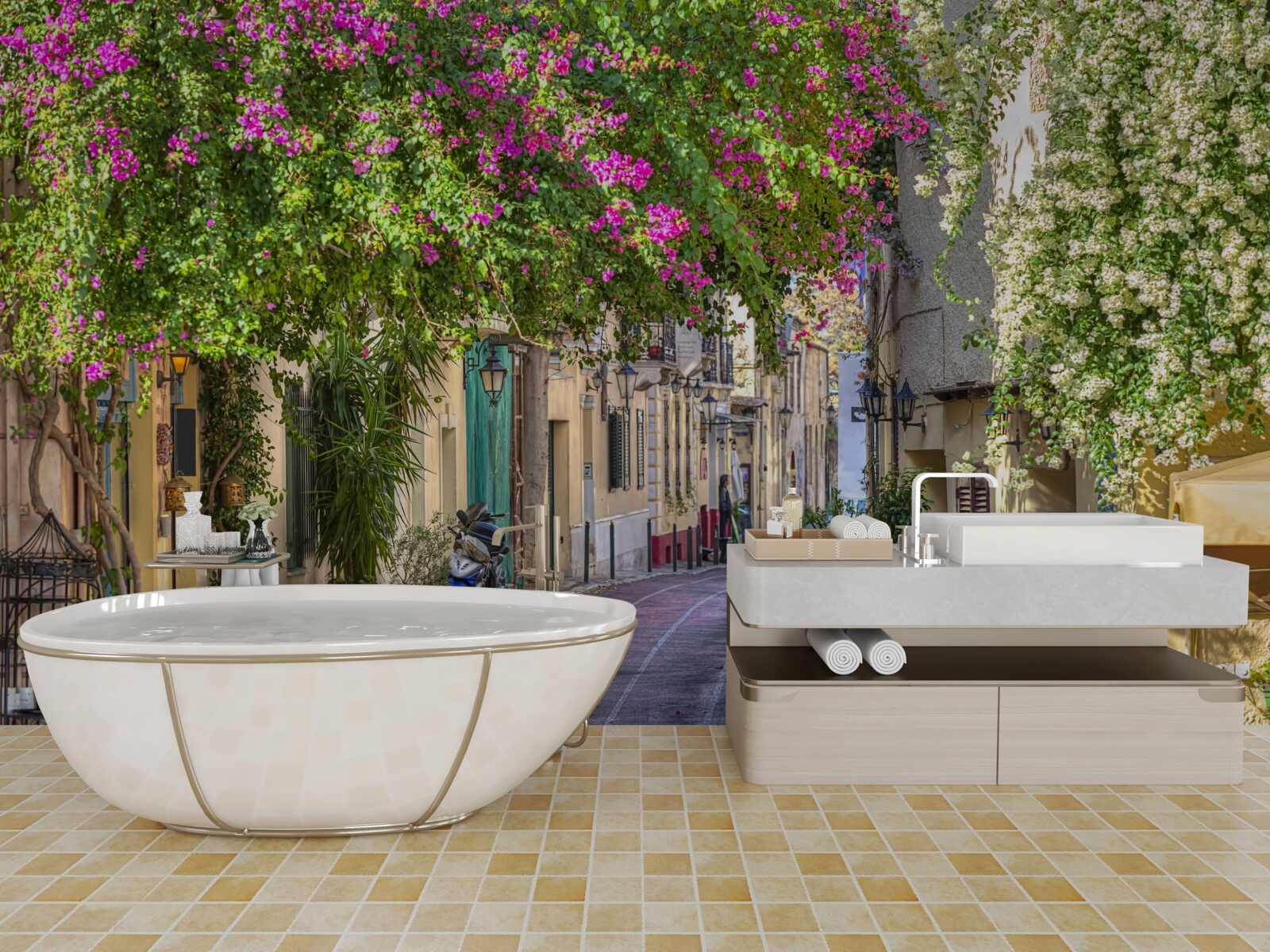 Fototapet strada mângâiată de verdeață pitorească creează cu pricepere o atmosferă de confort