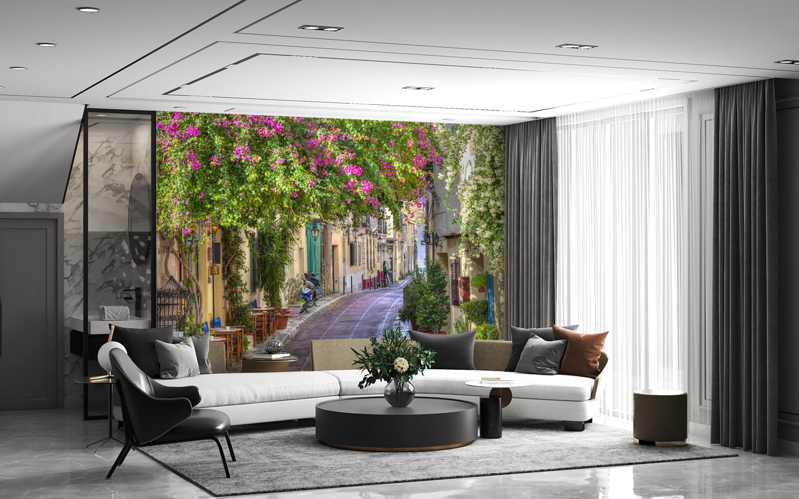 Fototapet strada mângâiată de verdeață pitorească creează cu pricepere o atmosferă de confort