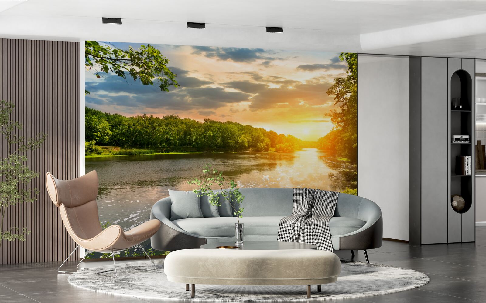 Fototapet soarele la apus încălzește ușor râul din pădure