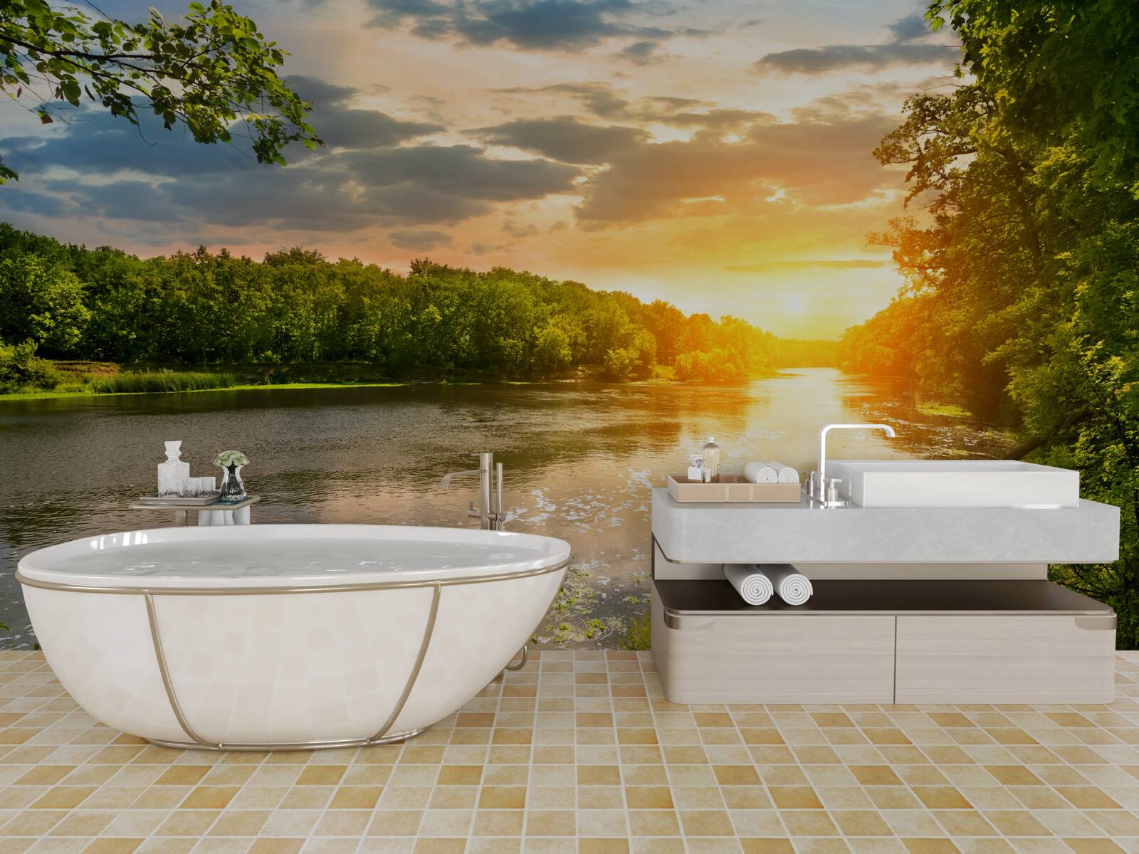 Fototapet soarele la apus încălzește ușor râul din pădure