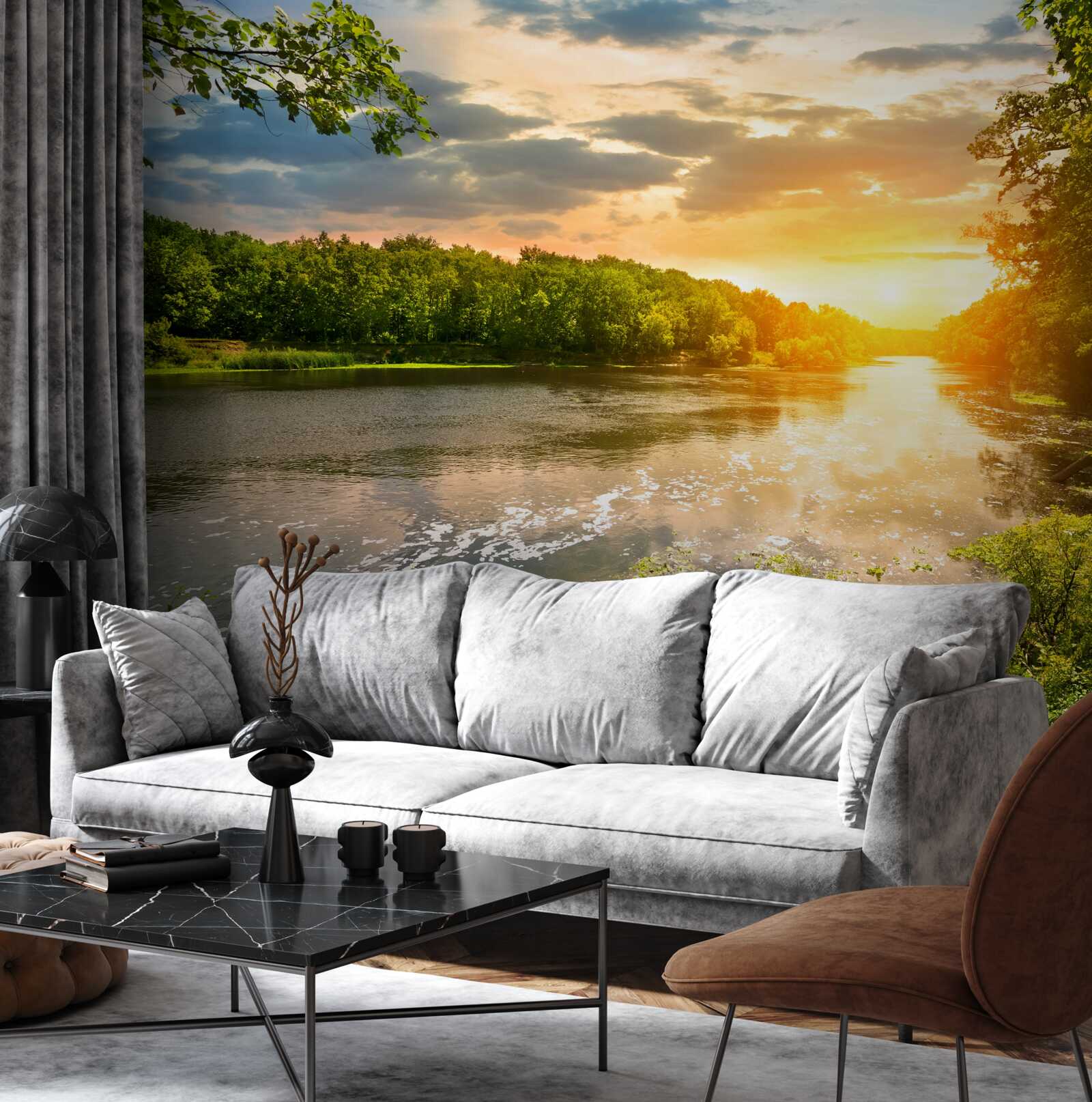 Fototapet soarele la apus încălzește ușor râul din pădure