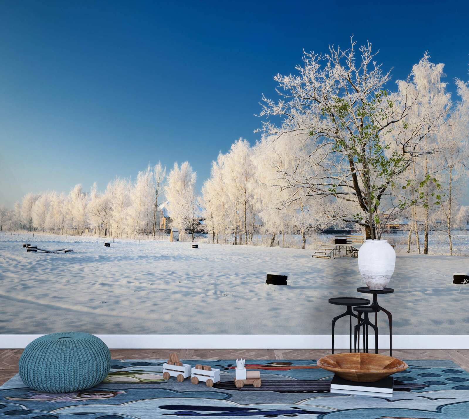 Fototapet iarnă de basm pe un fundal de cer azuriu