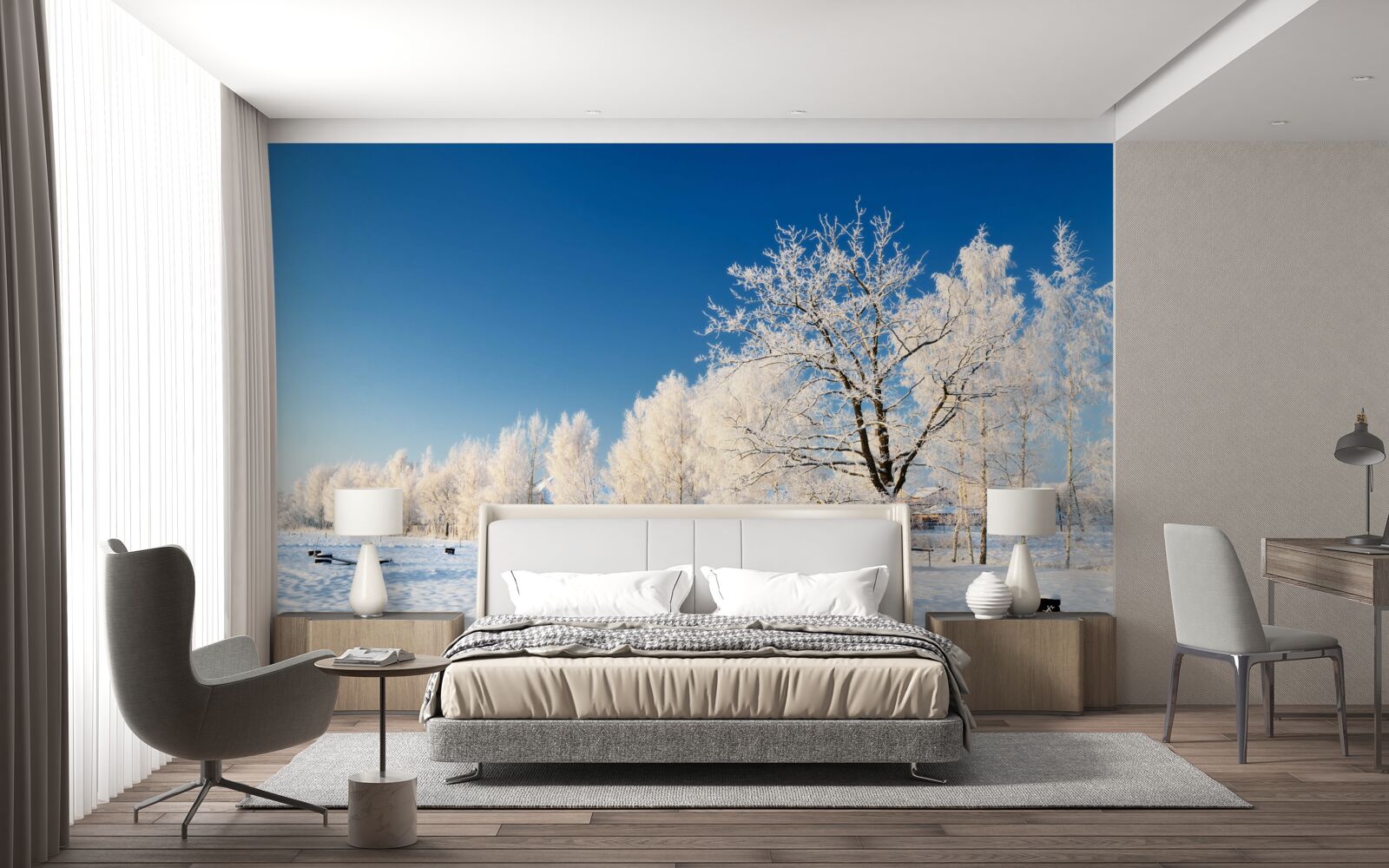 Fototapet iarnă de basm pe un fundal de cer azuriu