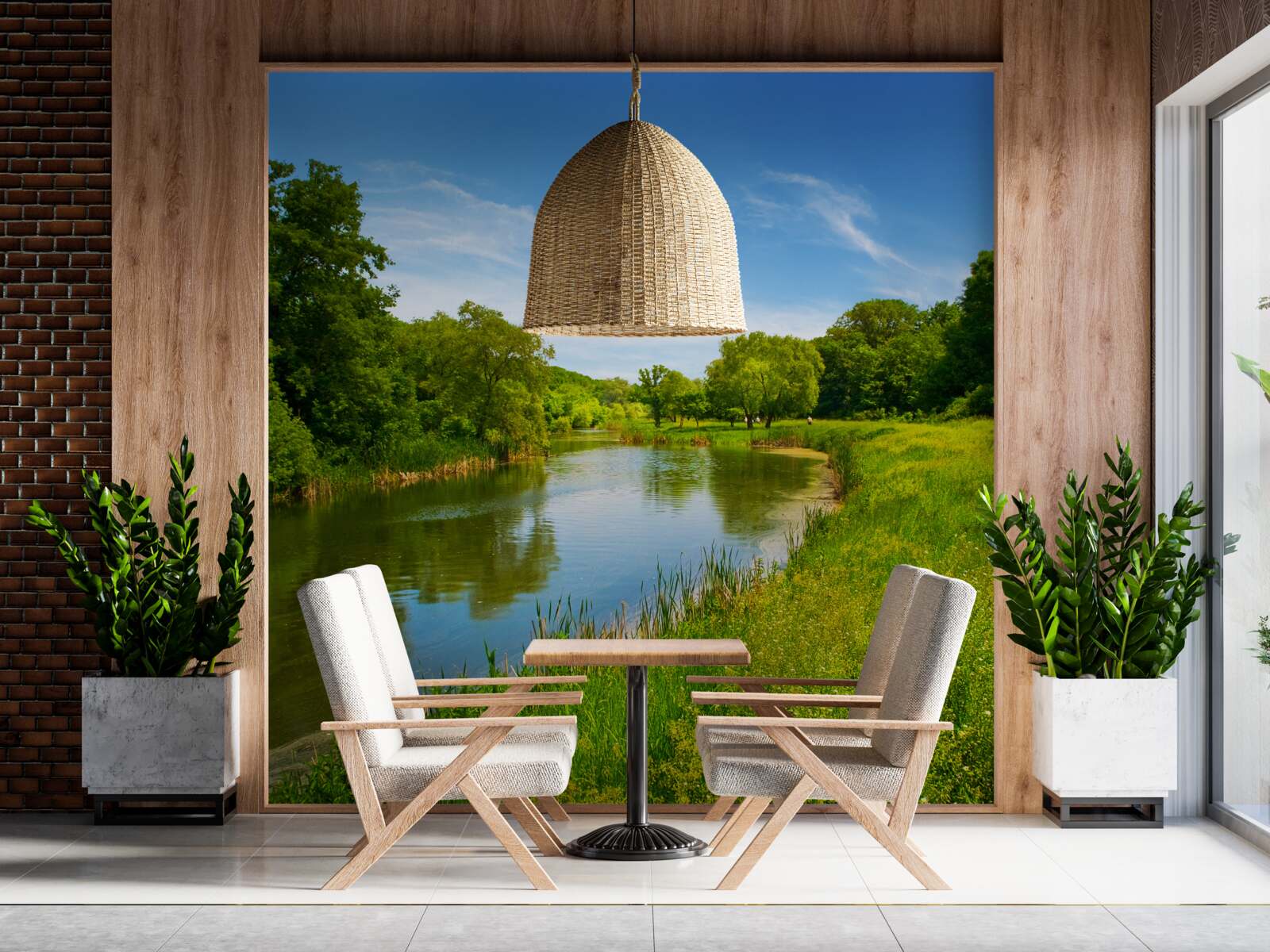 Fototapet o pajiște verde pe care curge o apă calmă