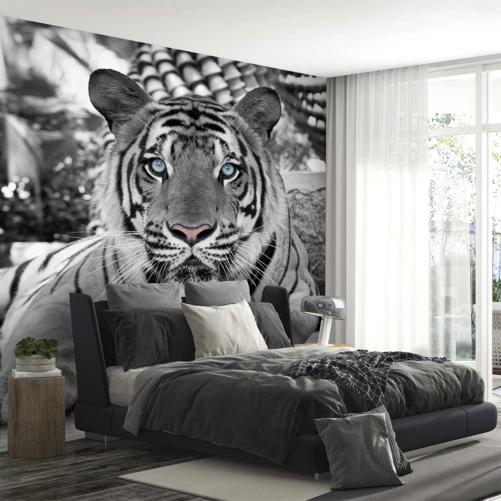 Fototapet tigru alb și negru cu ochi albaștri frumoși