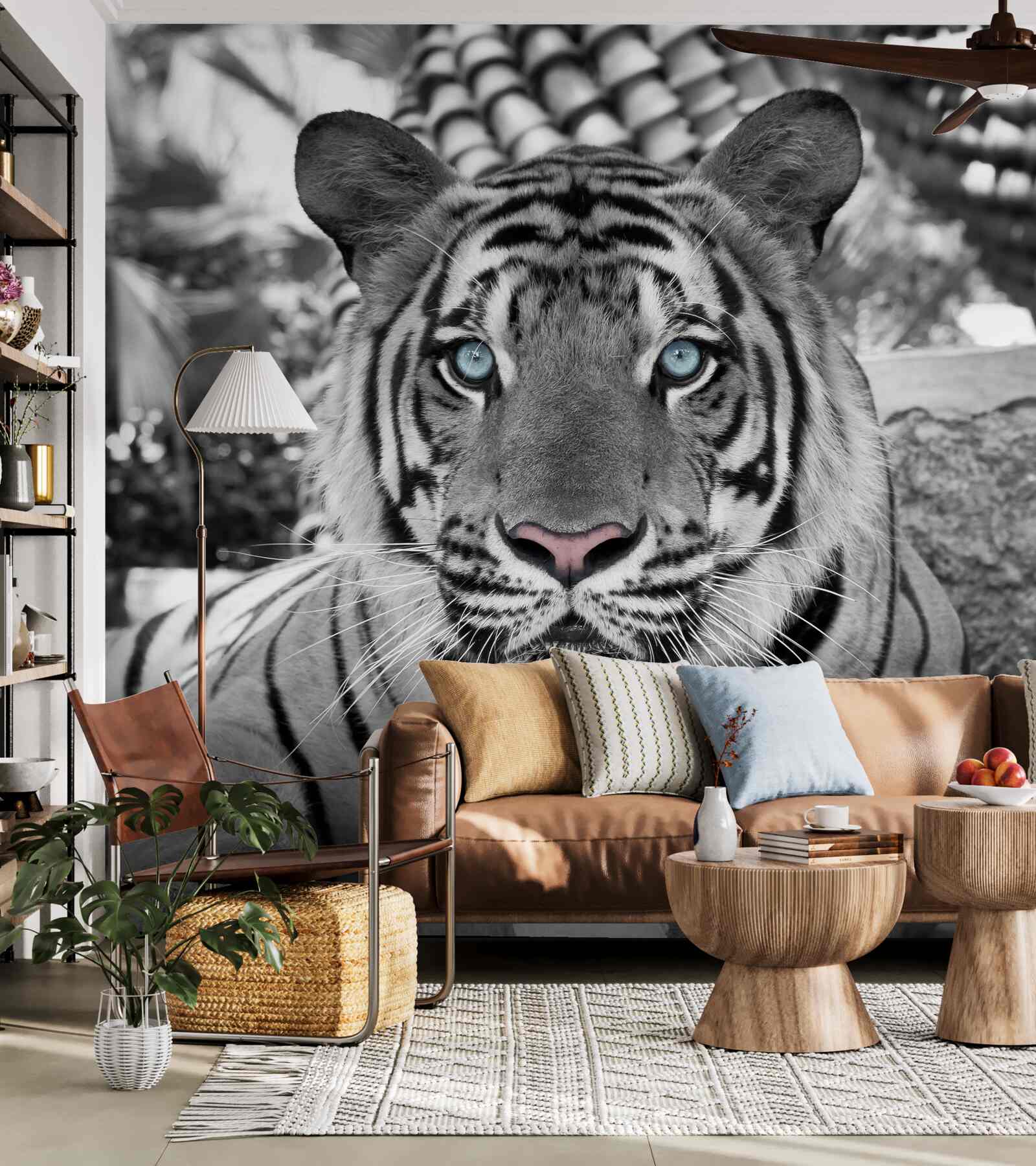 Fototapet tigru alb și negru cu ochi albaștri frumoși
