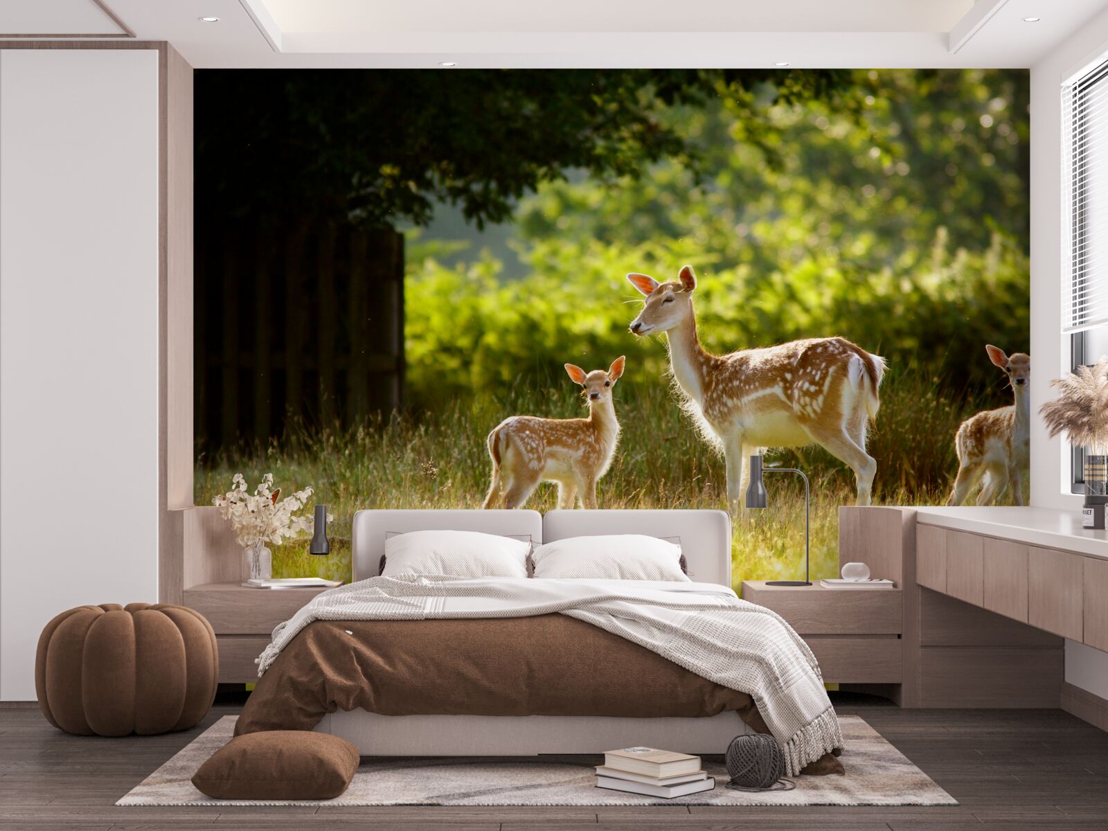 Fototapet un grup de căprioare pestrițe pasc pe un câmp