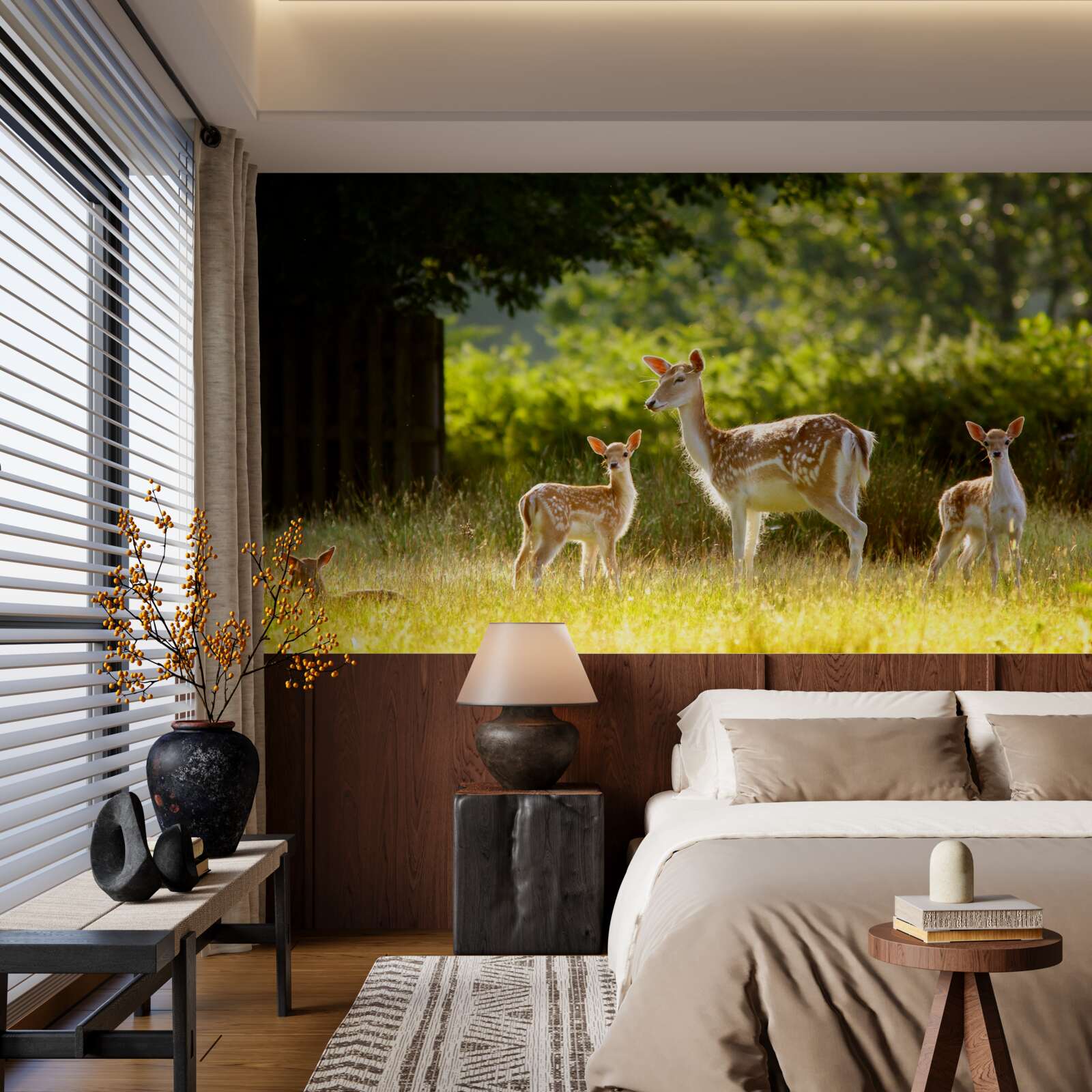 Fototapet un grup de căprioare pestrițe pasc pe un câmp