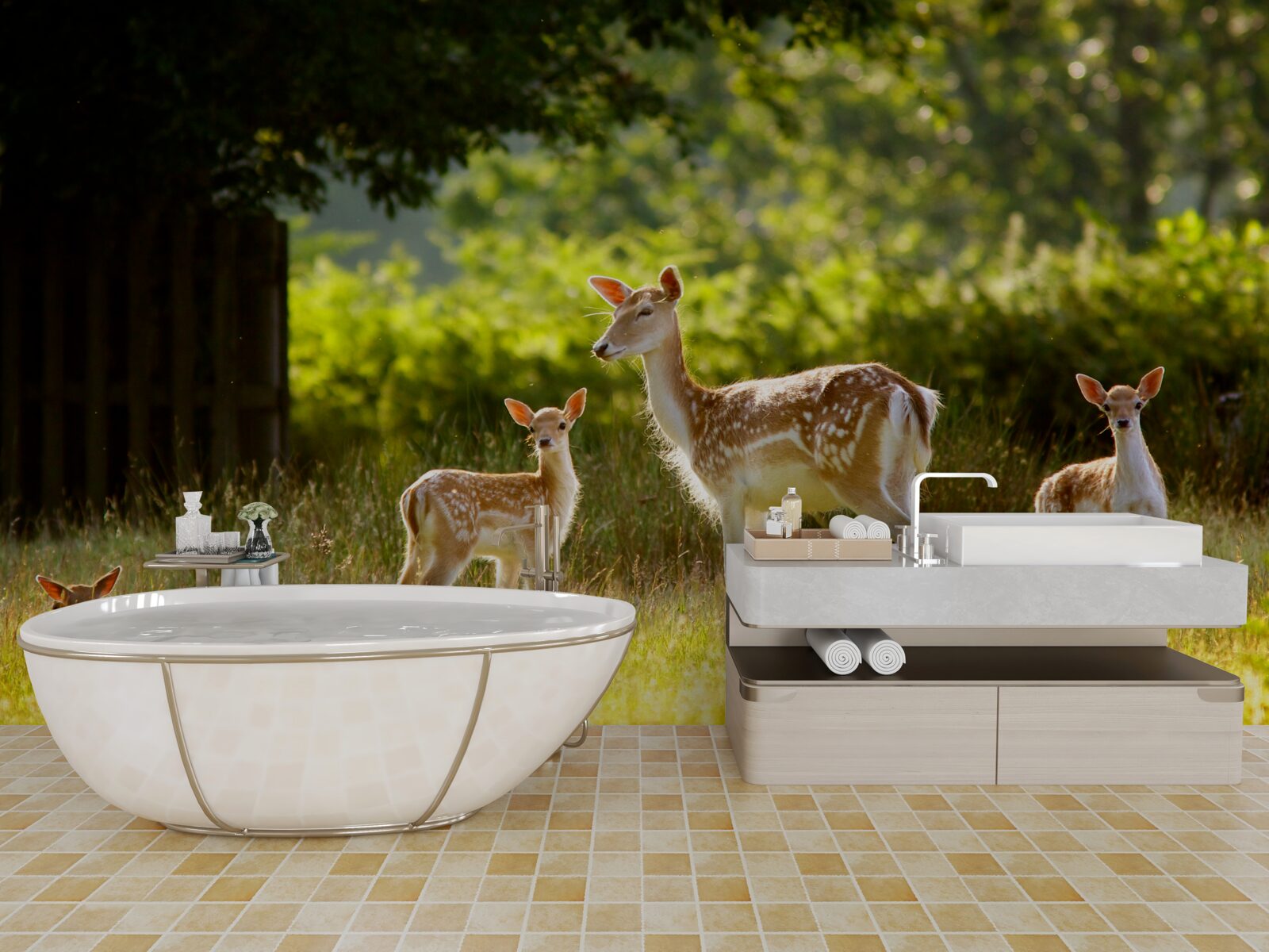 Fototapet un grup de căprioare pestrițe pasc pe un câmp