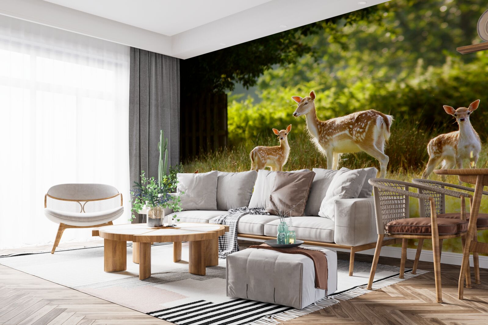 Fototapet un grup de căprioare pestrițe pasc pe un câmp