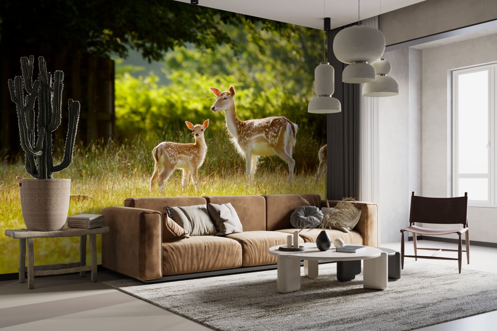 Fototapet un grup de căprioare pestrițe pasc pe un câmp