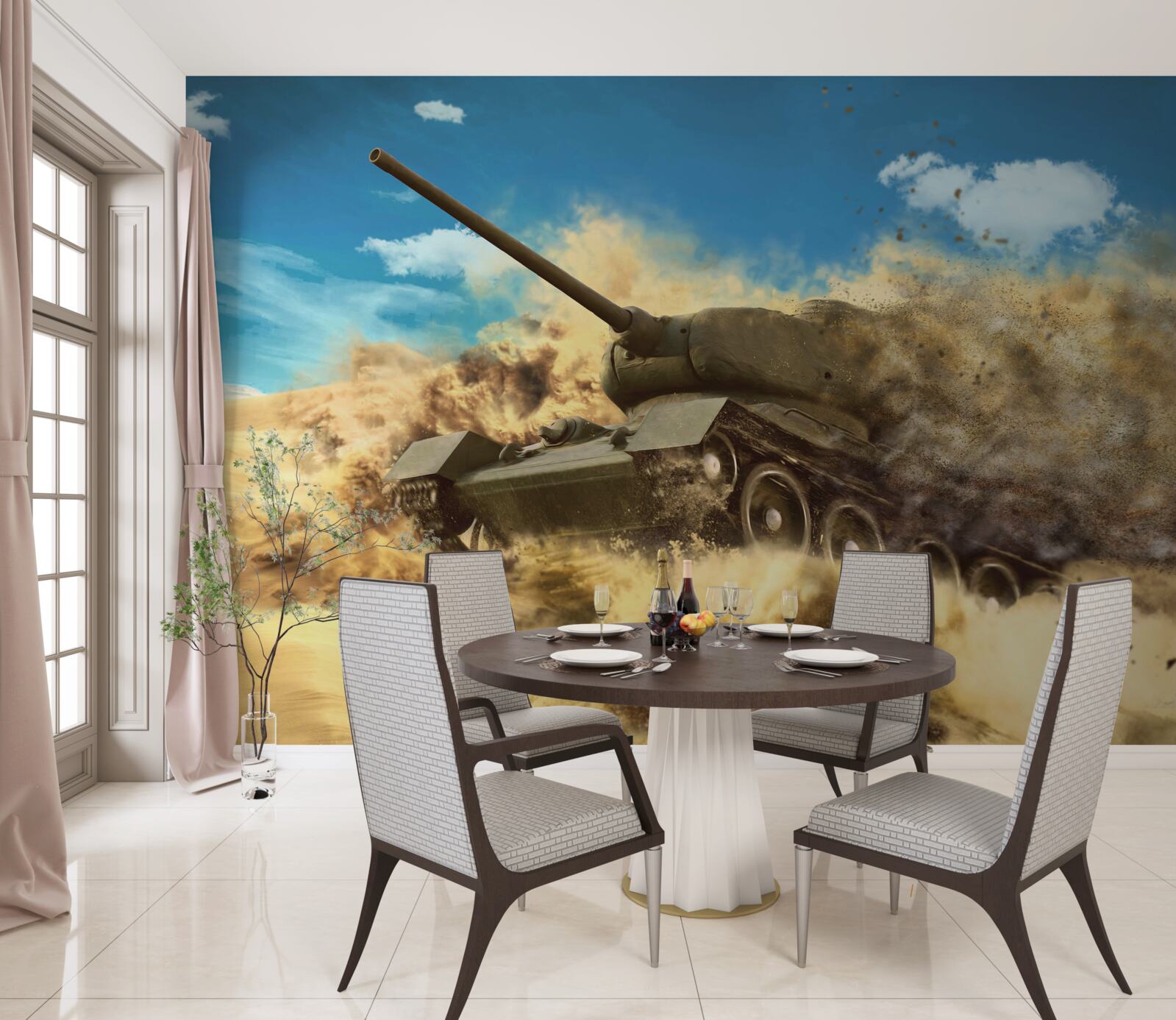 Fototapet un tanc se deplasează pe o suprafață nisipoasă