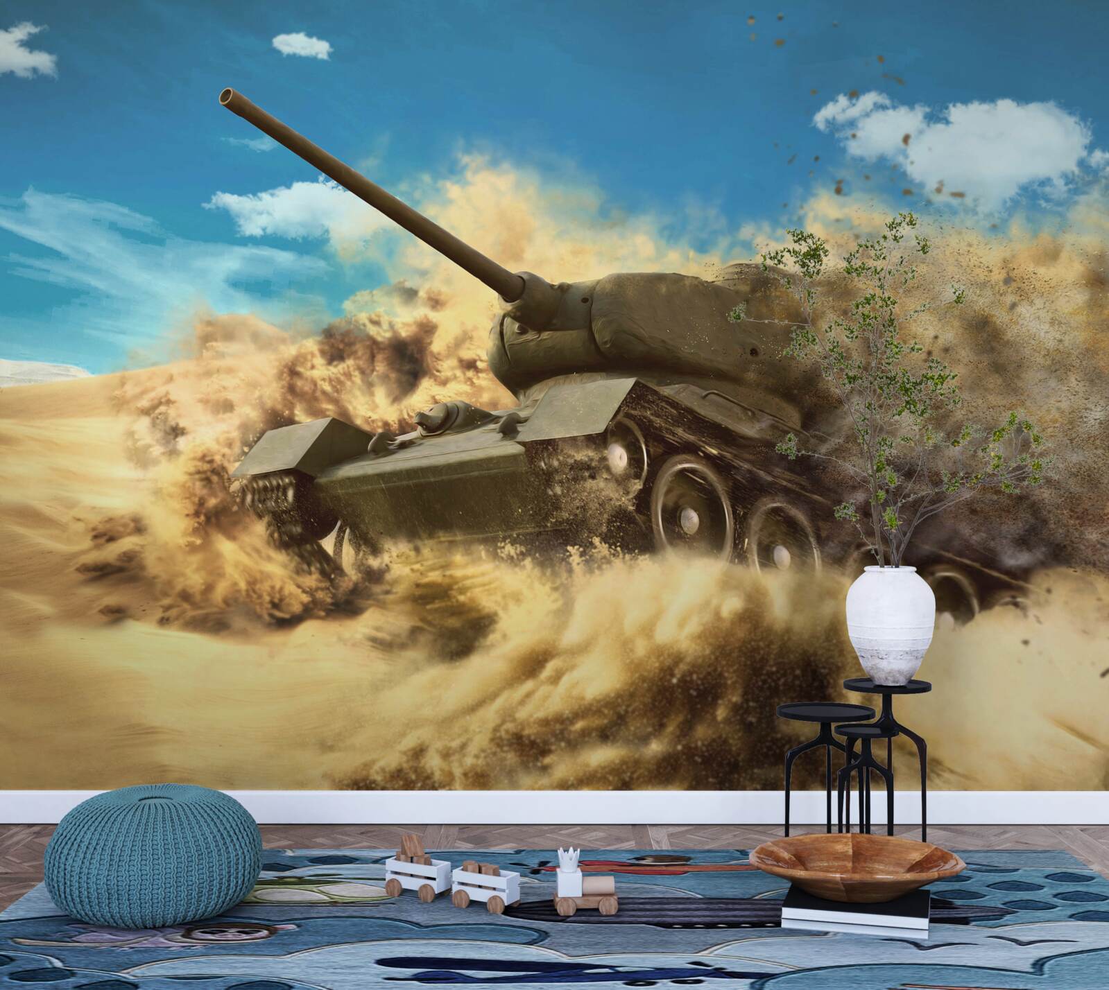 Fototapet un tanc se deplasează pe o suprafață nisipoasă