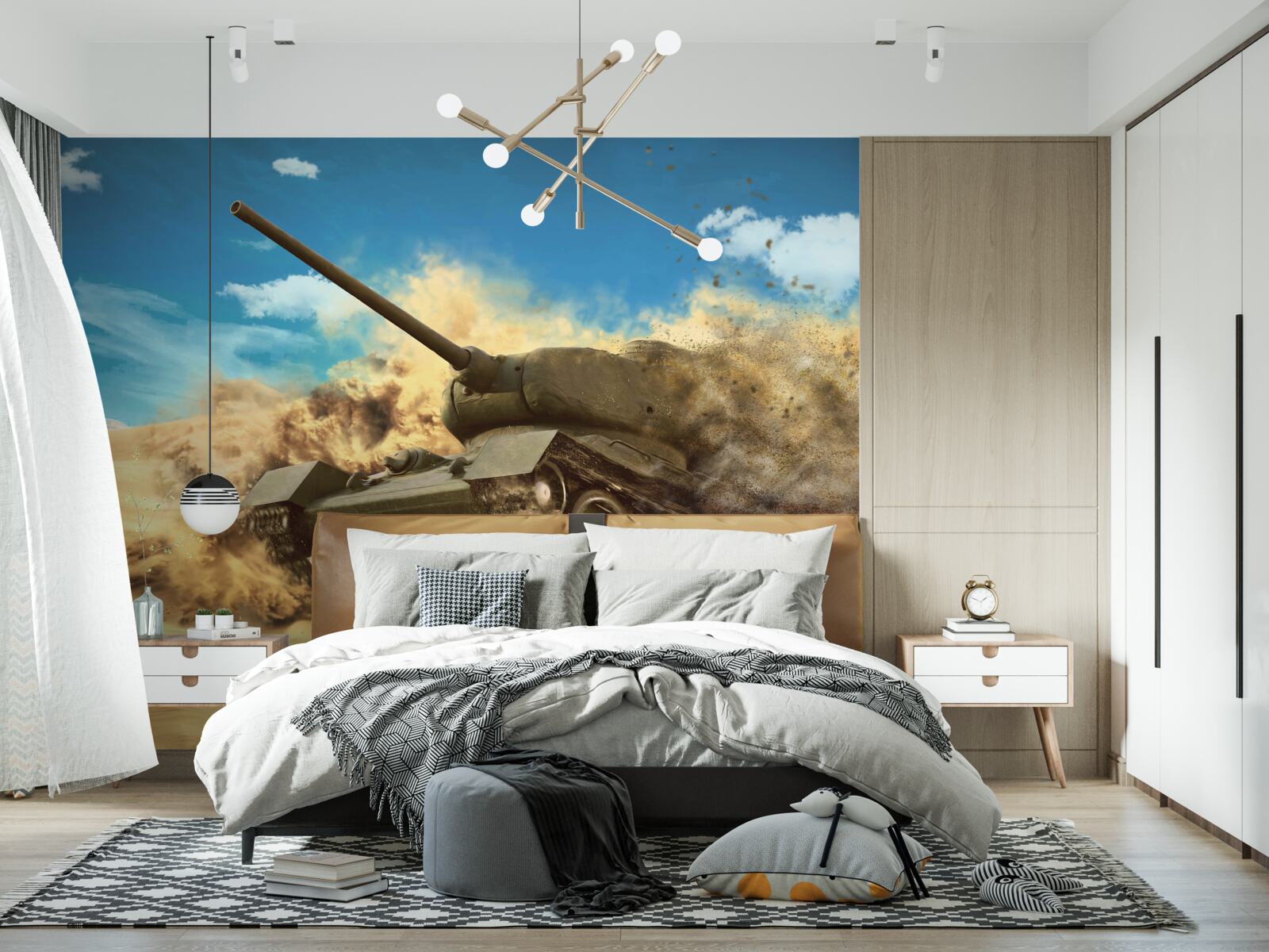 Fototapet un tanc se deplasează pe o suprafață nisipoasă