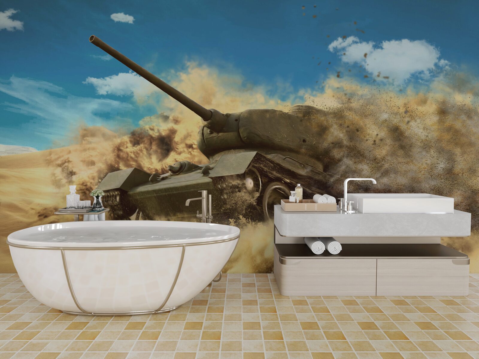 Fototapet un tanc se deplasează pe o suprafață nisipoasă