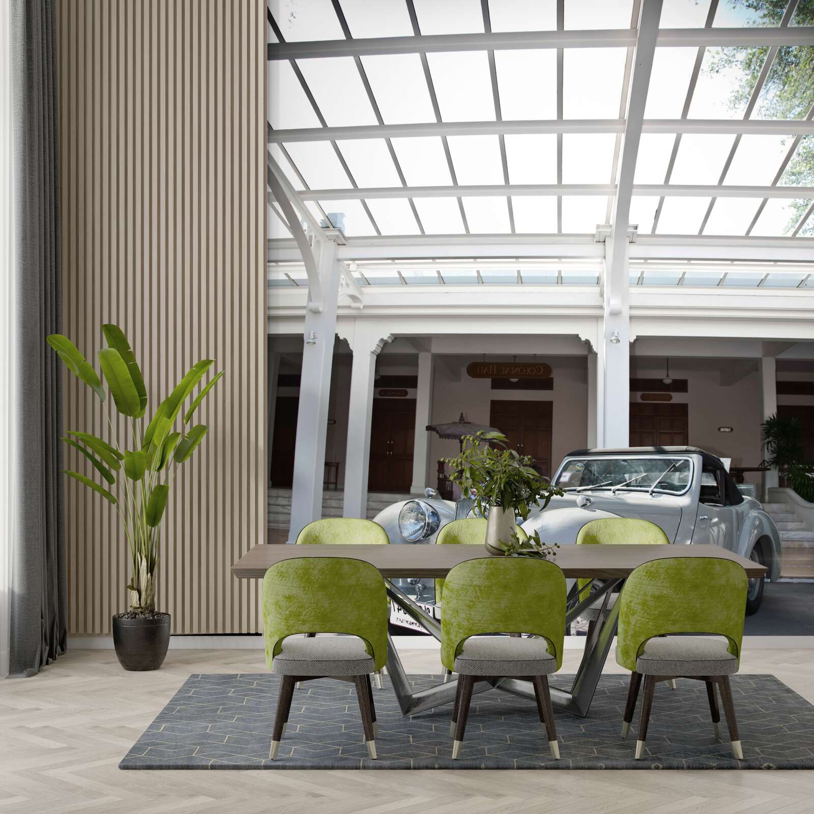 Fototapet mașină gri veche lângă clădire