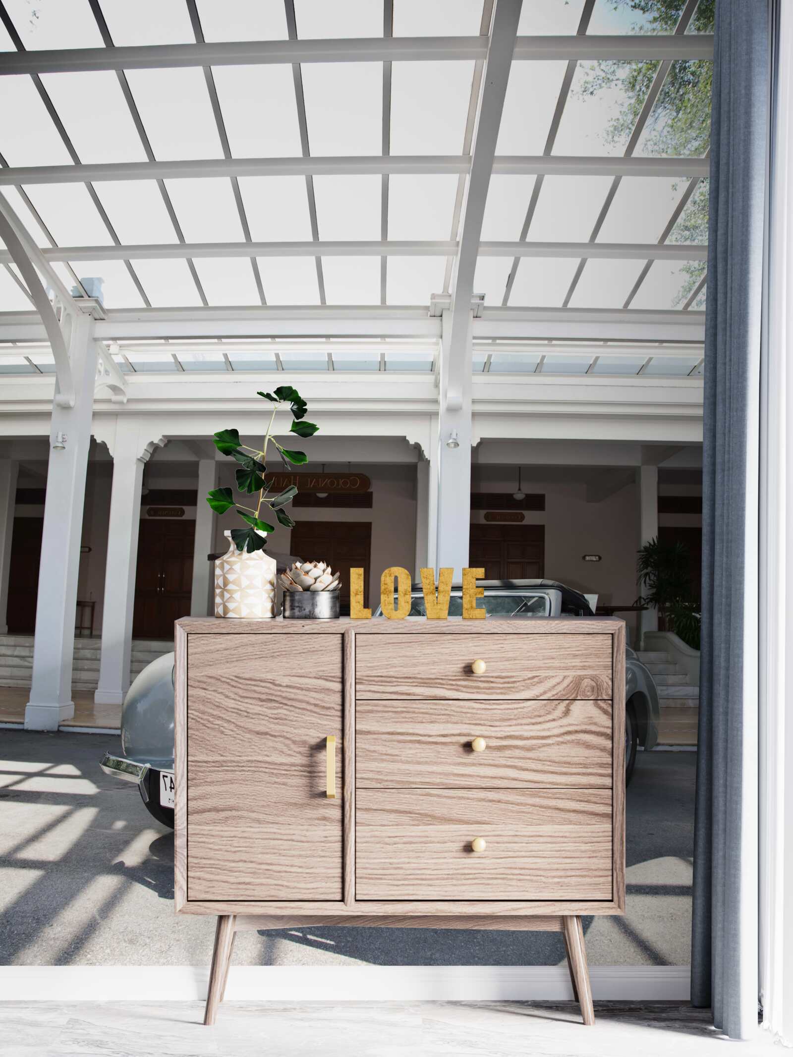 Fototapet mașină gri veche lângă clădire