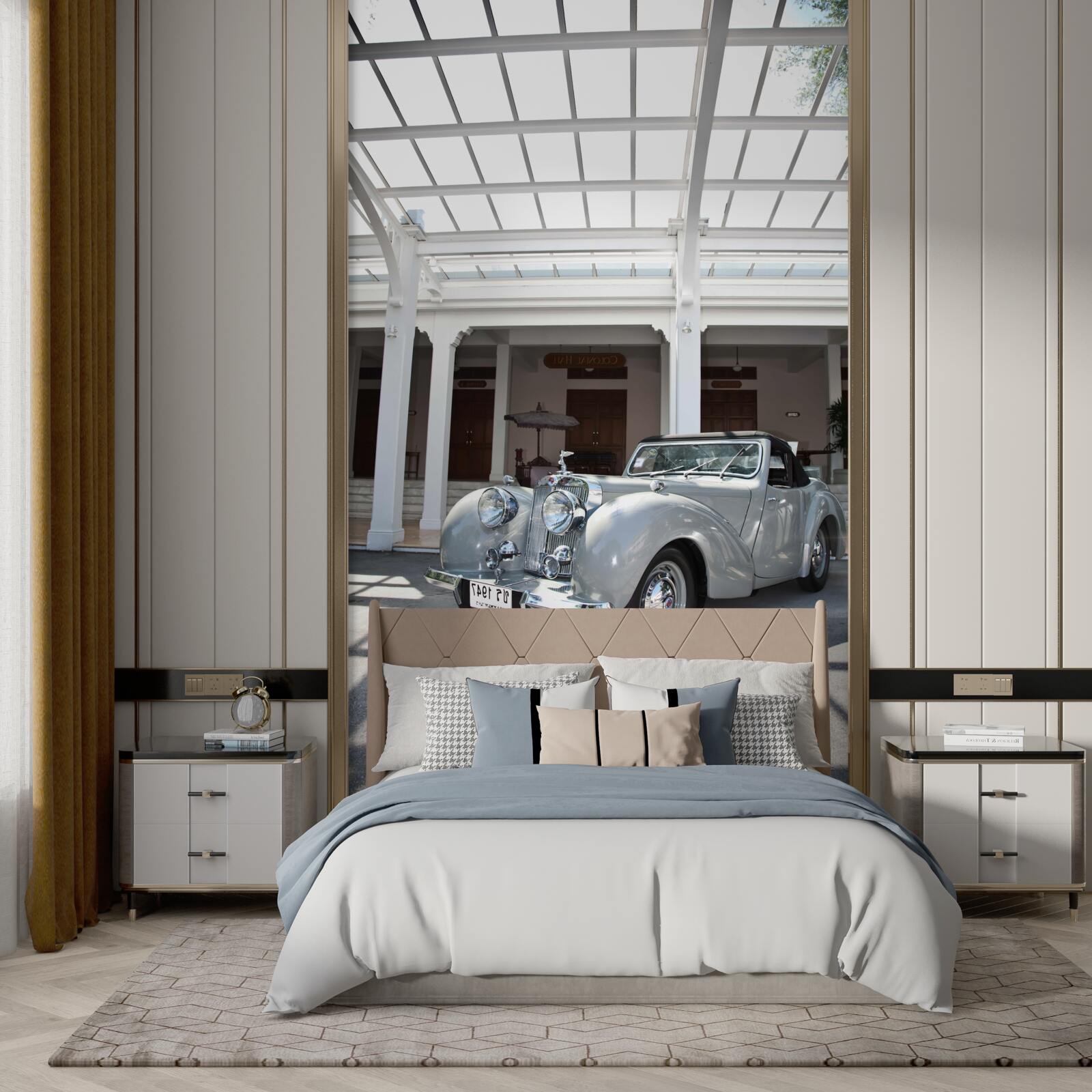 Fototapet mașină gri veche lângă clădire