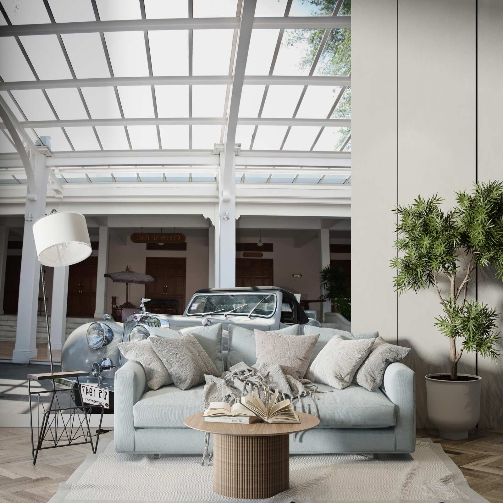 Fototapet mașină gri veche lângă clădire