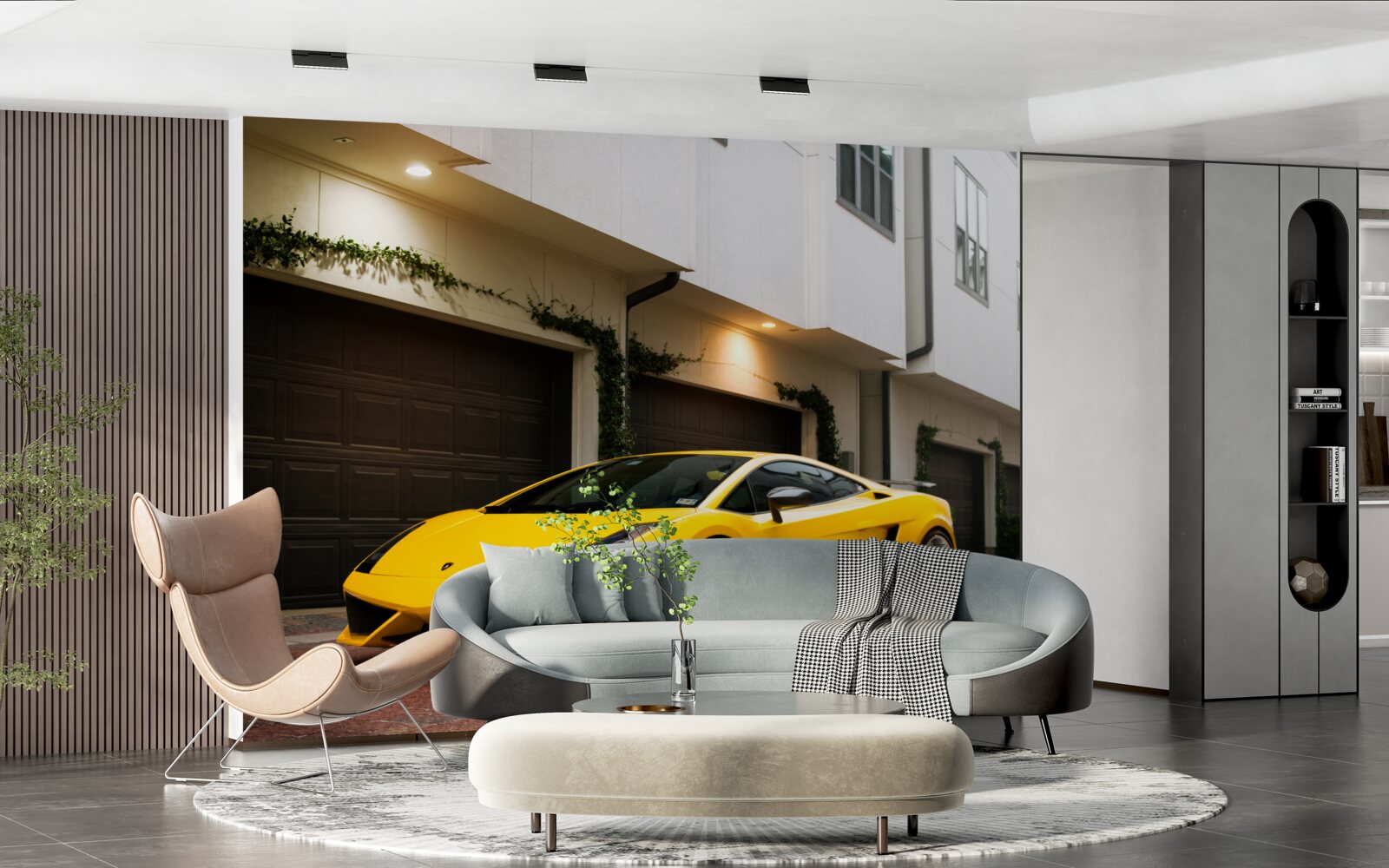 Fototapet mașină galbenă elegantă lângă casă