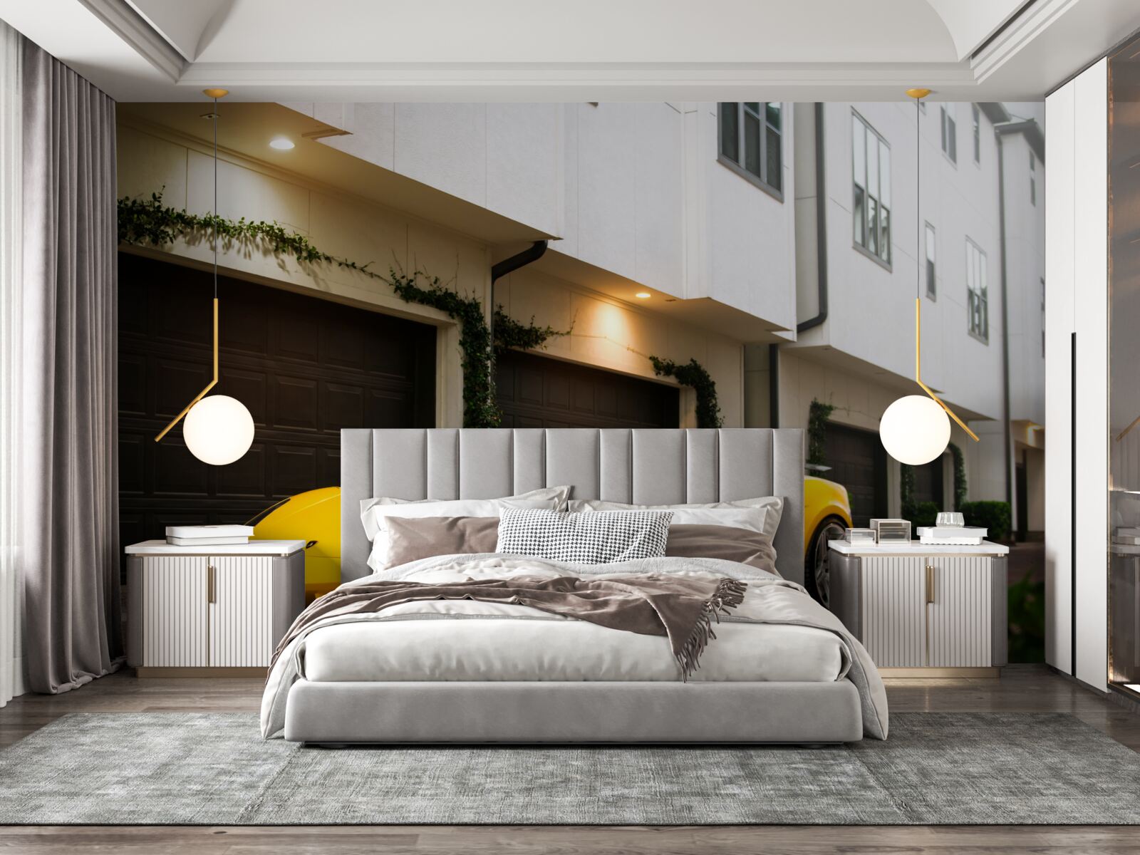 Fototapet mașină galbenă elegantă lângă casă