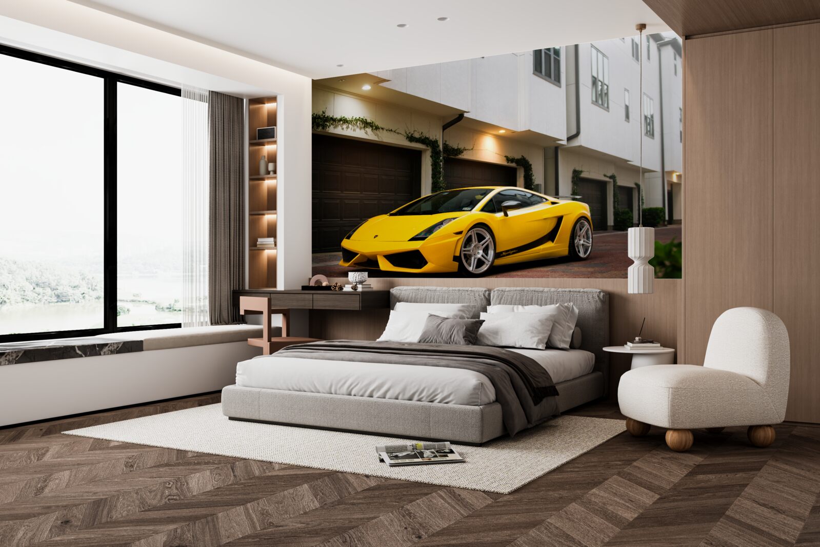 Fototapet mașină galbenă elegantă lângă casă