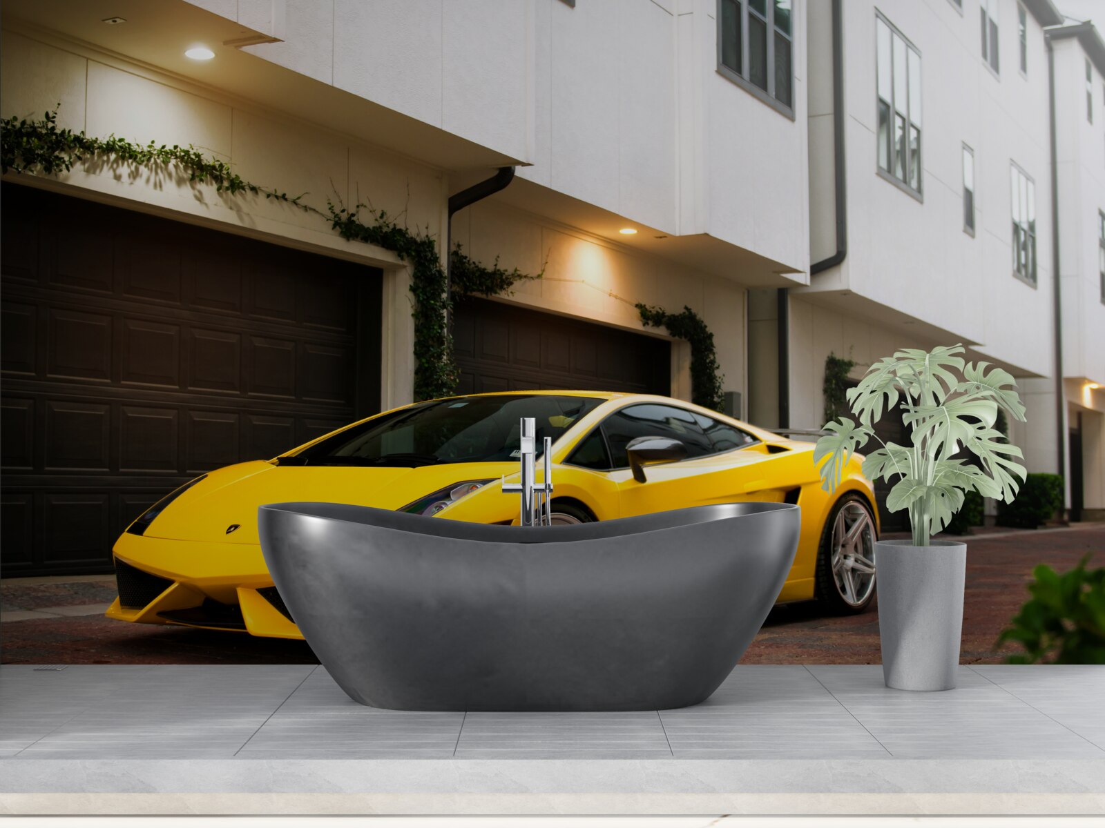 Fototapet mașină galbenă elegantă lângă casă