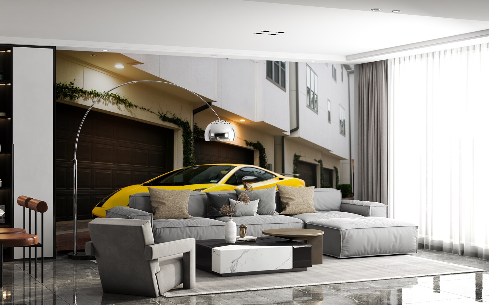 Fototapet mașină galbenă elegantă lângă casă