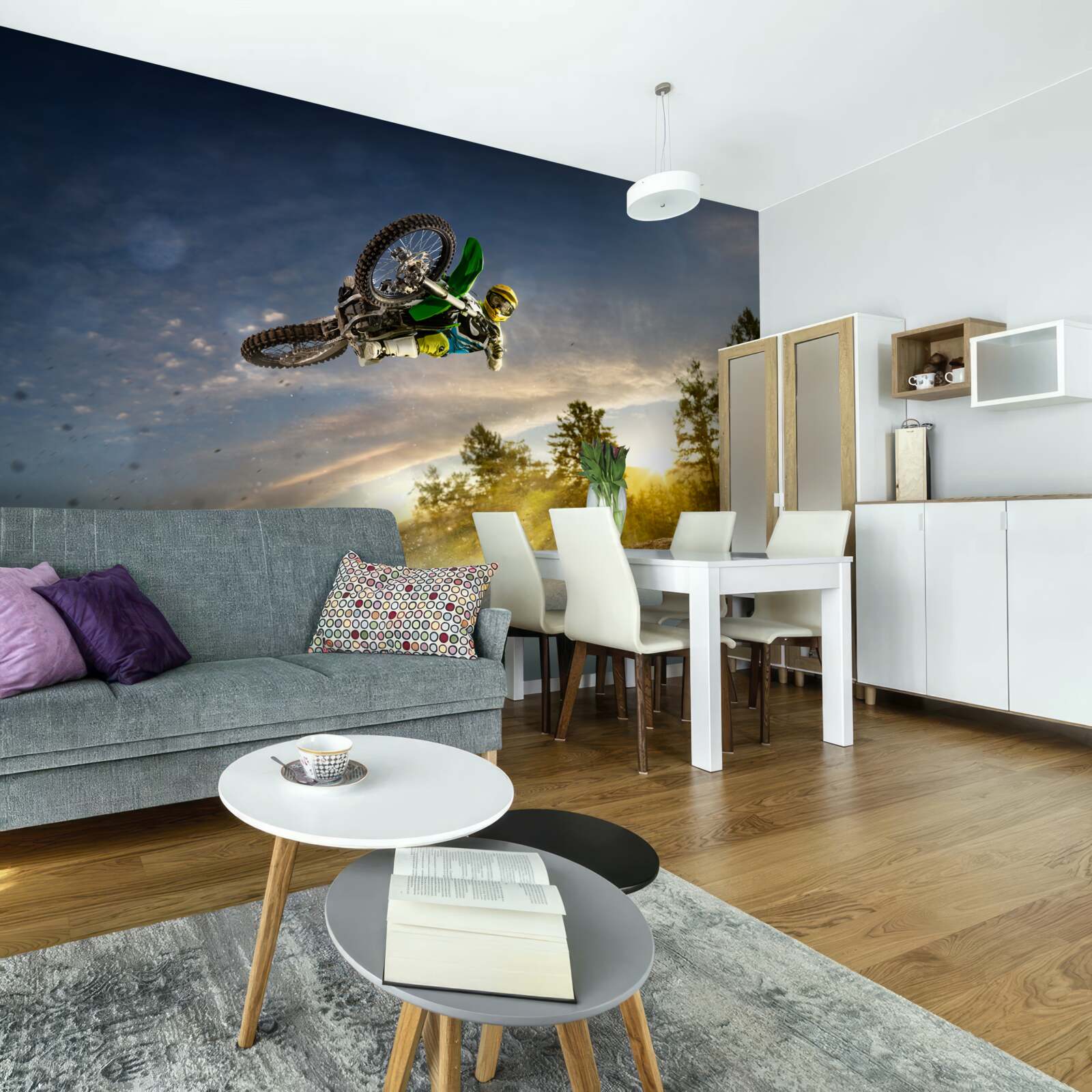 Fototapet săritura pe o motocicletă la apus